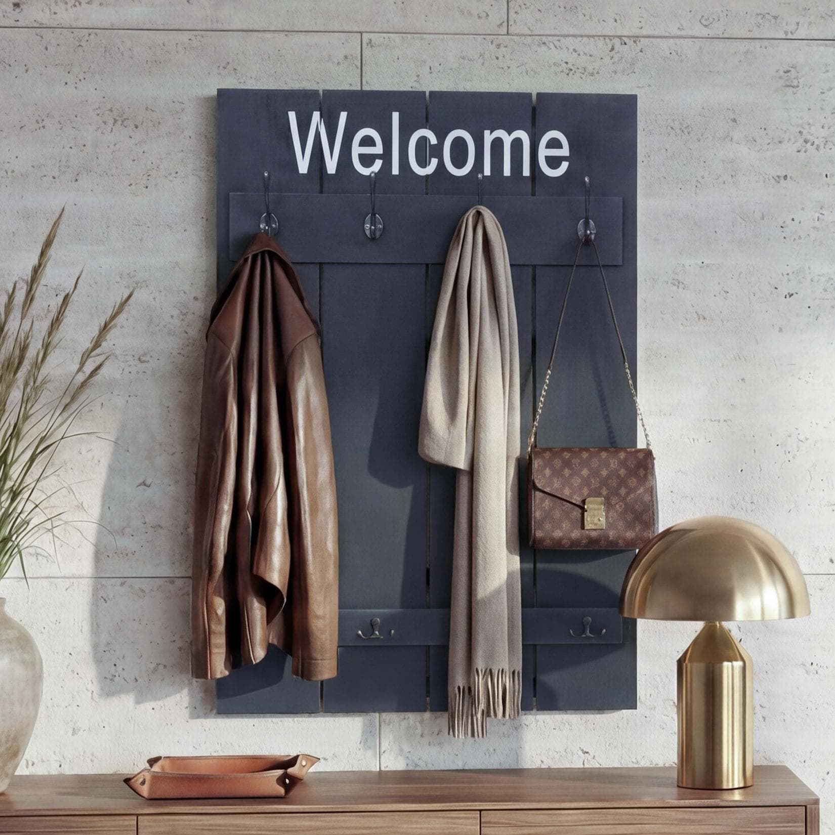 Wandgarderobe MCW-C89 Welcome, Garderobe Garderobenpaneel, Shabby-Look Vintage, 91x60cm ~ dunkelgrau