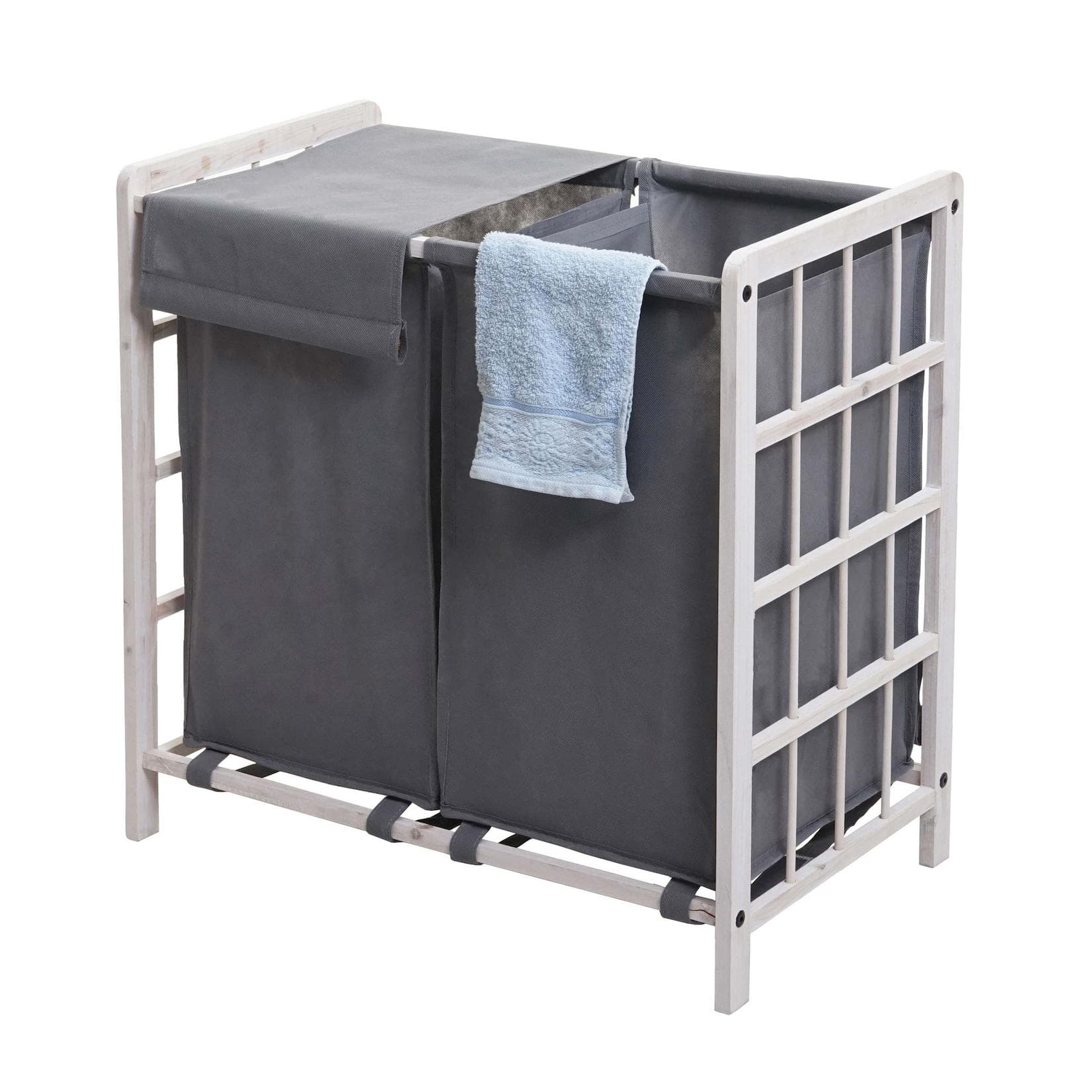 Wäschesammler MCW-B60 Massivholz Wäschekorb 2 Fächer 68l shabby weiß