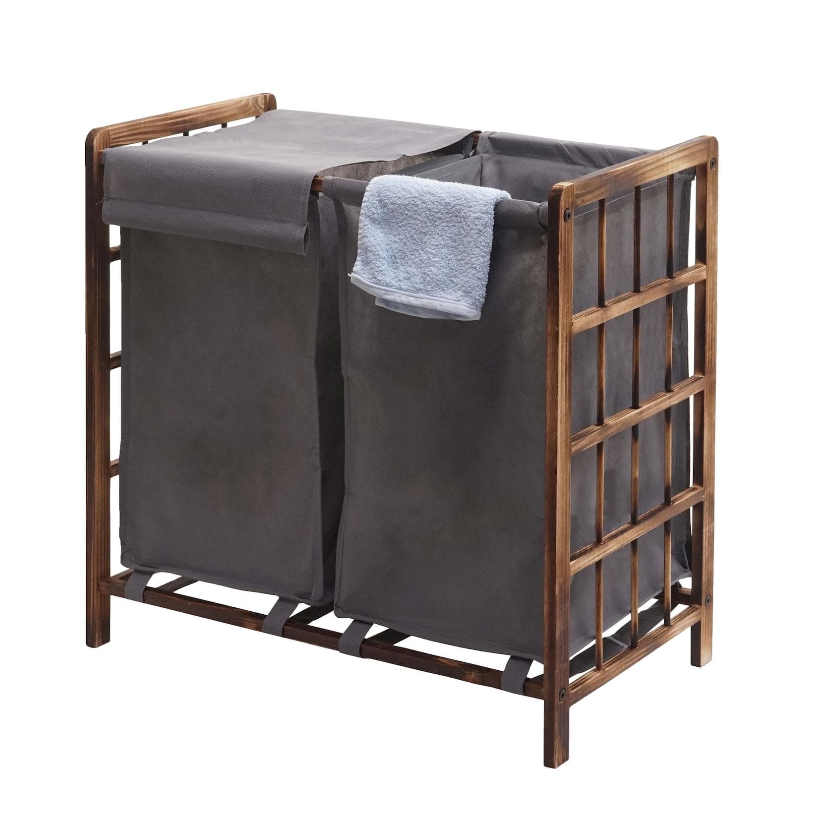 Wäschesammler MCW-B60 Massivholz Wäschekorb 2 Fächer 60x60x33cm