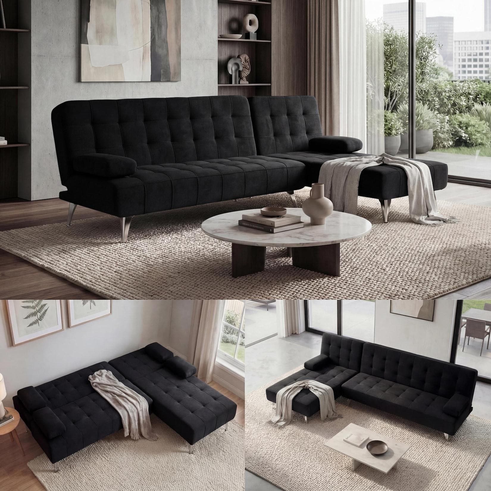 MCW Schlafsofa Ecksofa Schwarz Samt Schlaffunktion