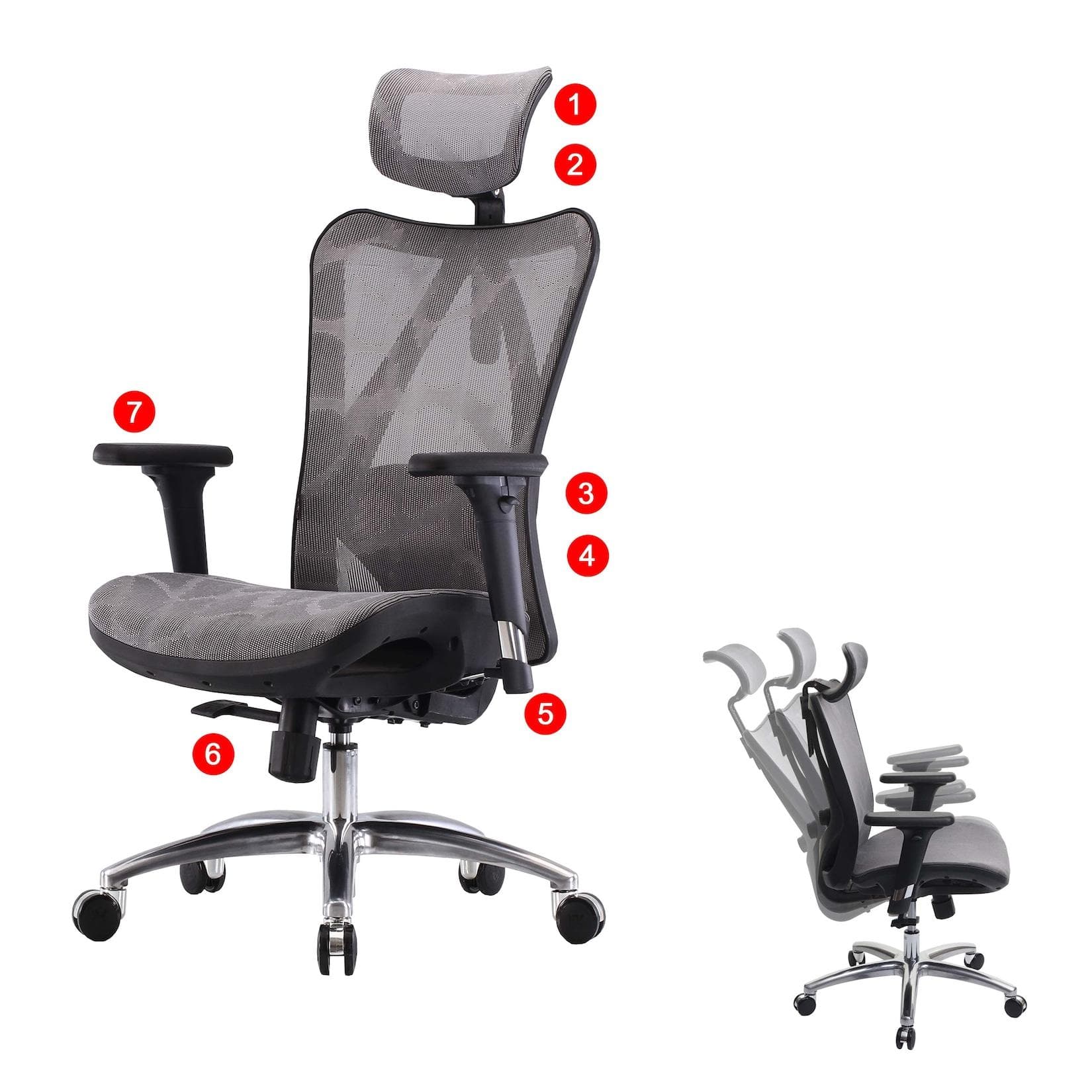 SIHOO Bürostuhl ergonomisch mit verstellbarer Armlehne grau