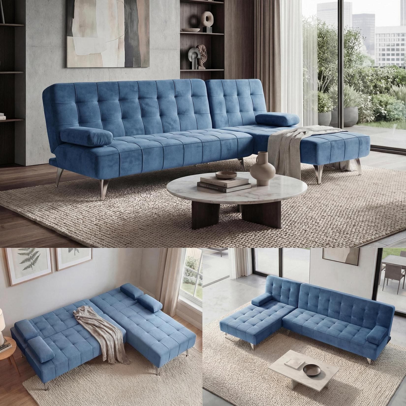MCW Schlafsofa MCW-K22 Ecksofa Samt Blau Schlaffunktion