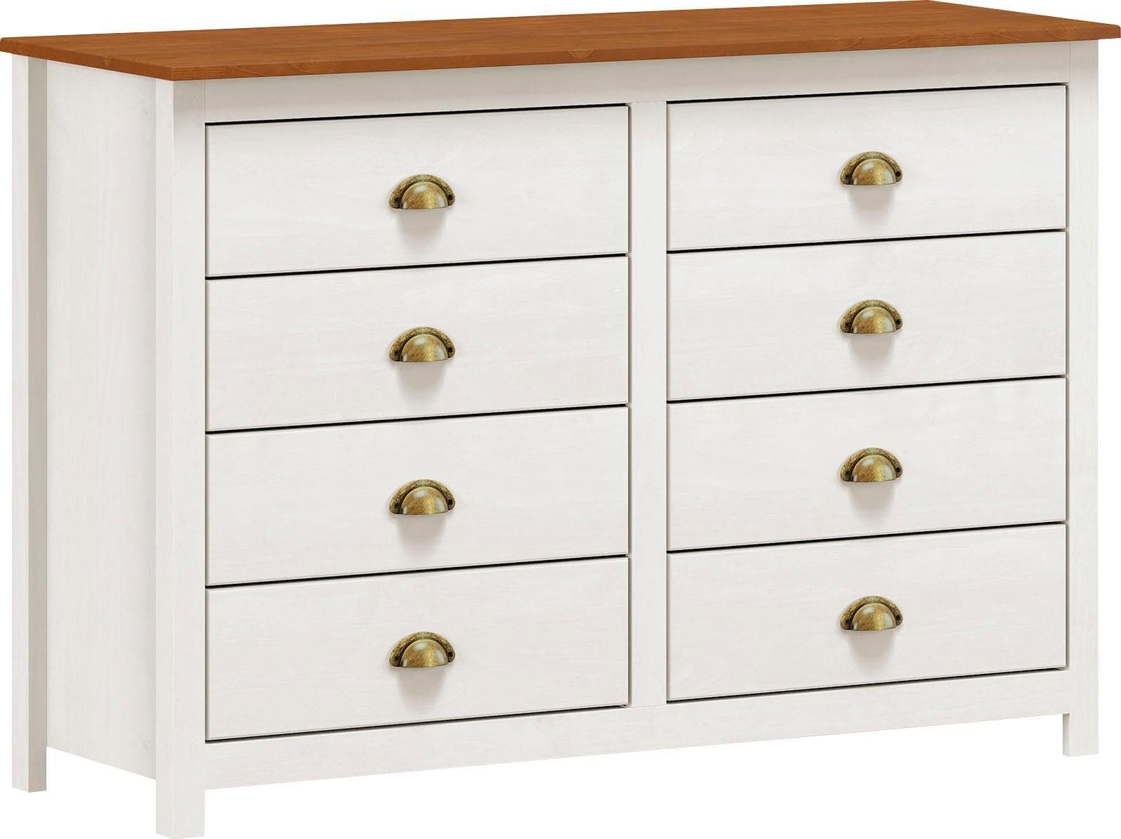 MÖBILIA Salgen Schubkastenkommode 8 Schubladen Weiß/Braun Massivholz