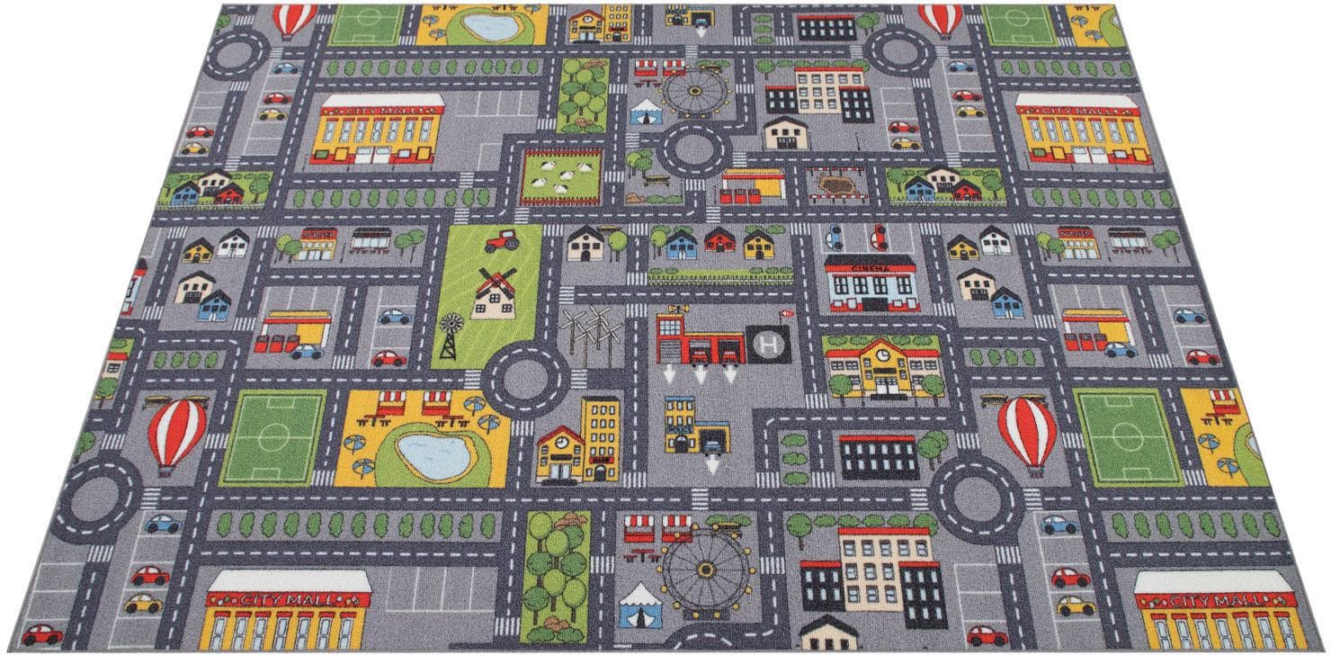 PACO HOME Kinderteppich Bino 577 Grau Kurzflor Straßen-Motiv