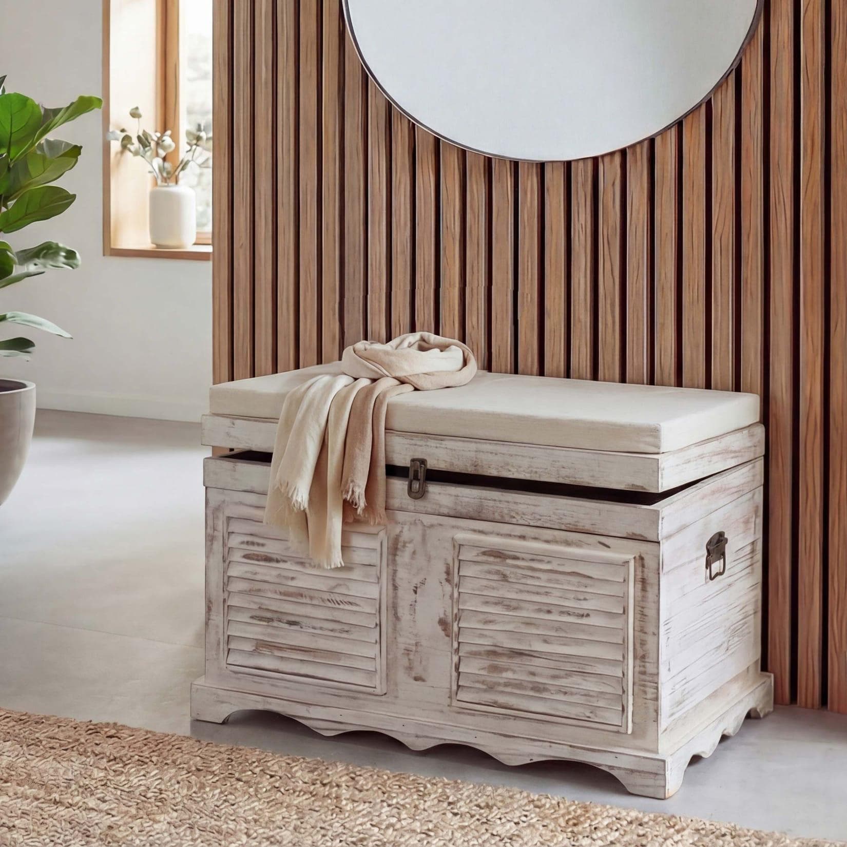 MCW Holztruhe Sitzbank Aufbewahrung weiß Vintage Shabby-Look