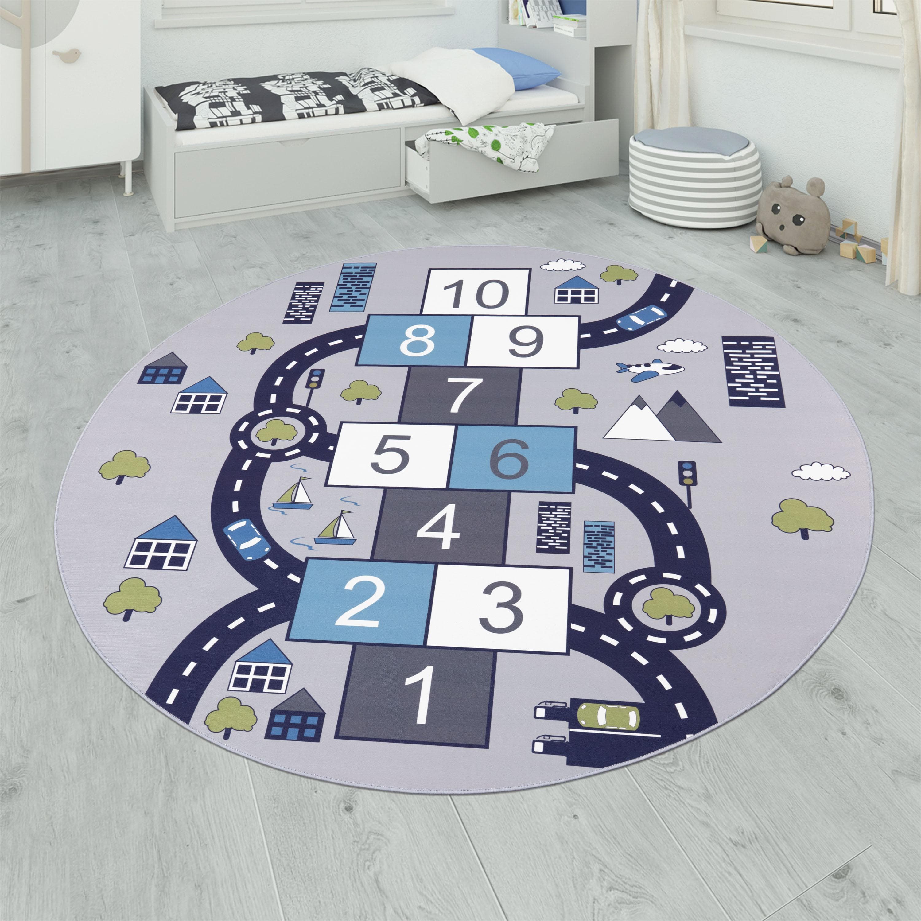 Paco Home Kinderteppich Bino 565 grau Straßenmotiv rund