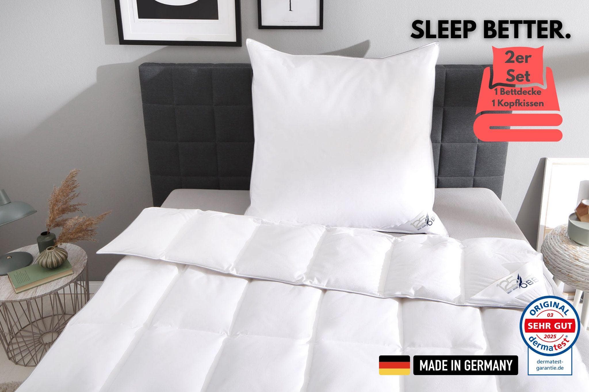 OBB Daunenbettdecke + Kopfkissen Set Weiß Extraleicht