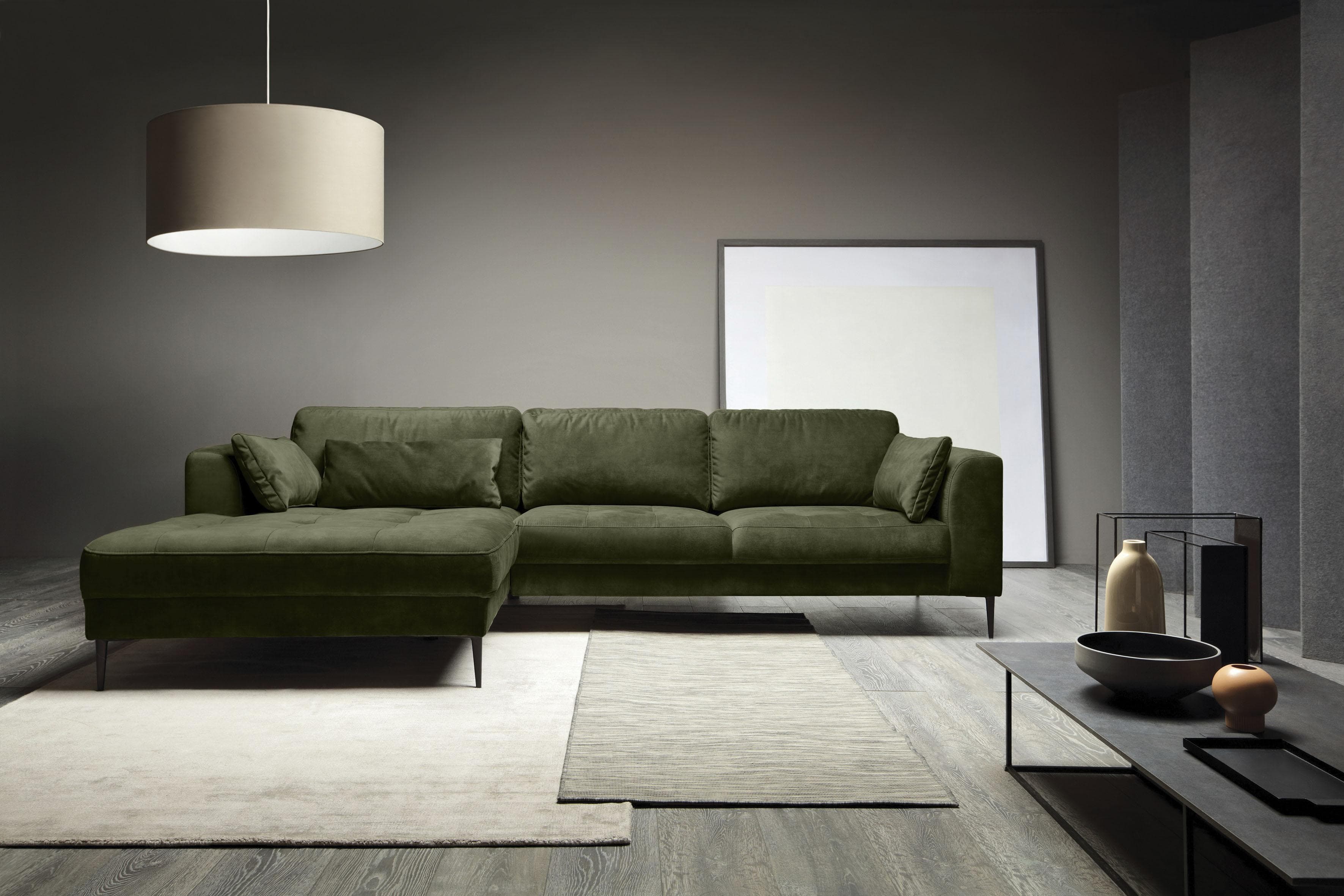 Ecksofa TRENDMANUFAKTUR Luzi L-Form Grün Samtvelours mit Bettkasten