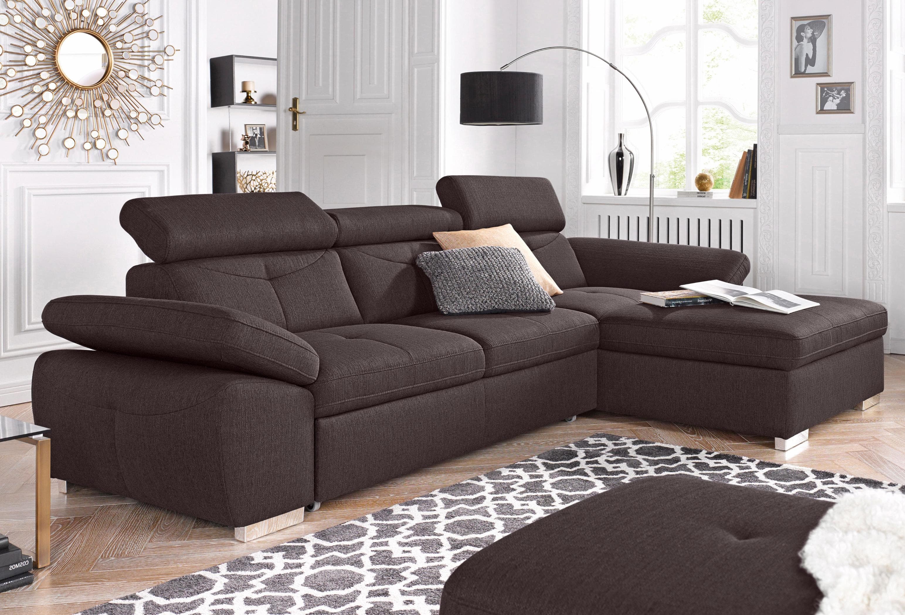 Ecksofa EXXPO Sofa Fashion Spring Mocca mit Verstellfunktion