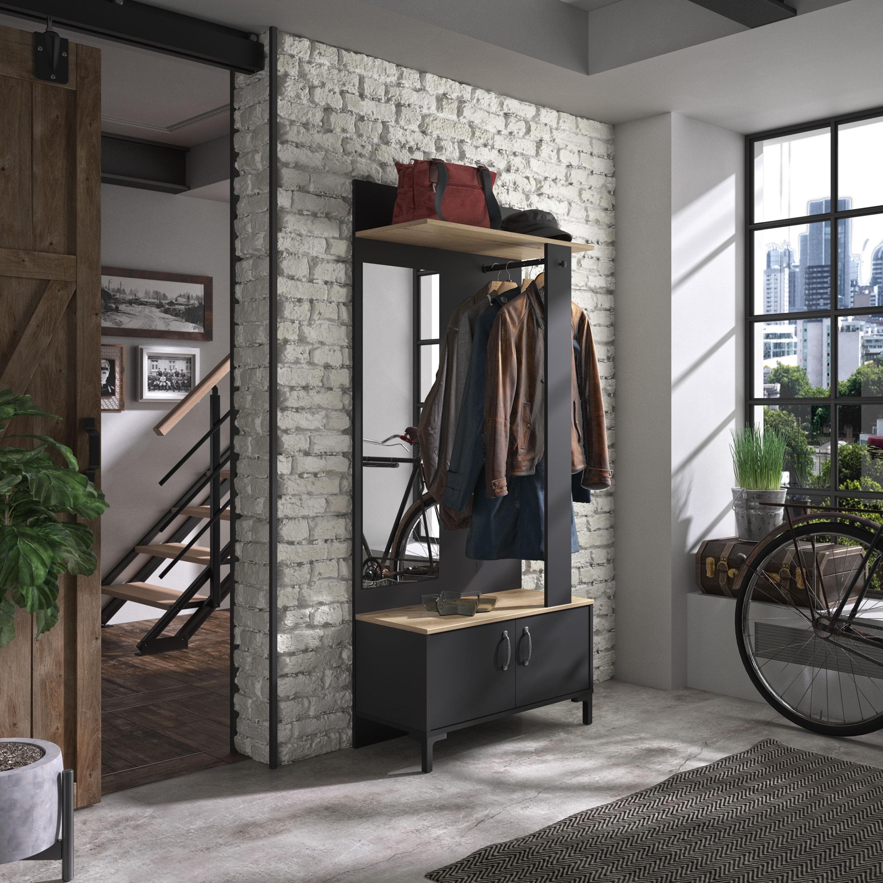 Garderobenständer GAMI Store Schwarz Eiche Sonoma Mit Spiegel