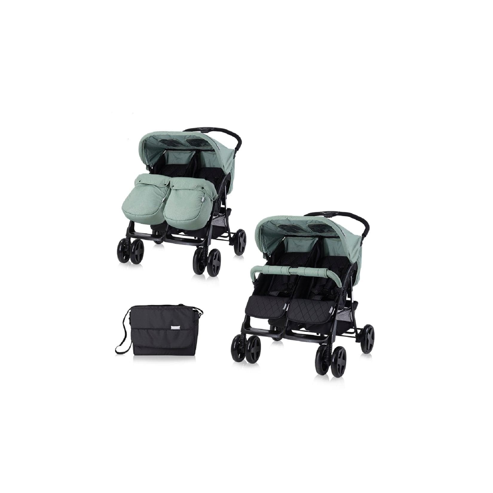Lorelli Zwillingskinderwagen TWIN hellgrün mit Wickeltasche