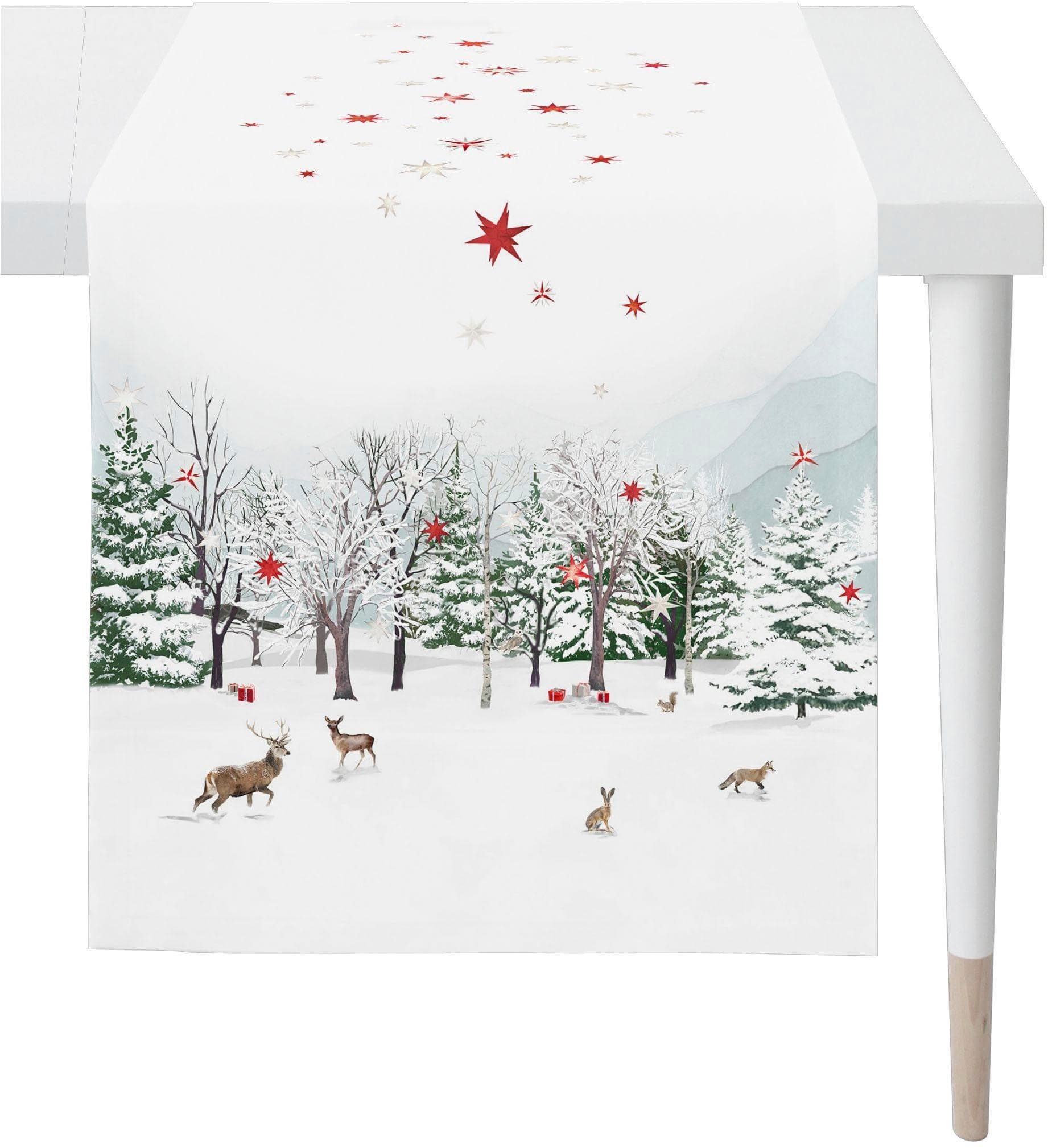 APELT Tischläufer 3712 Grün/Weiß Winterwaldmotiv