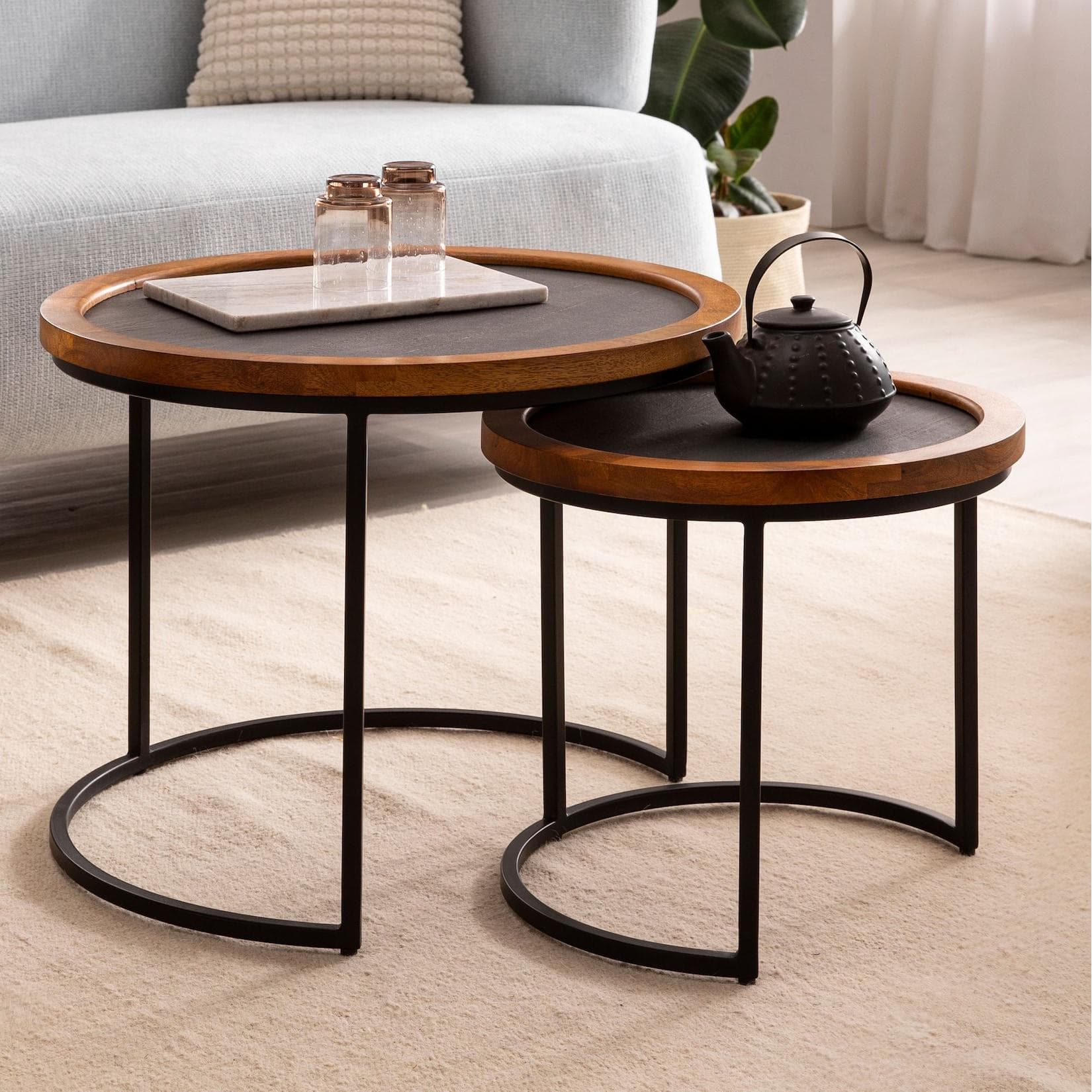 FineBuy Couchtisch 2er Set Rund Holz Steinoptik Satztisch