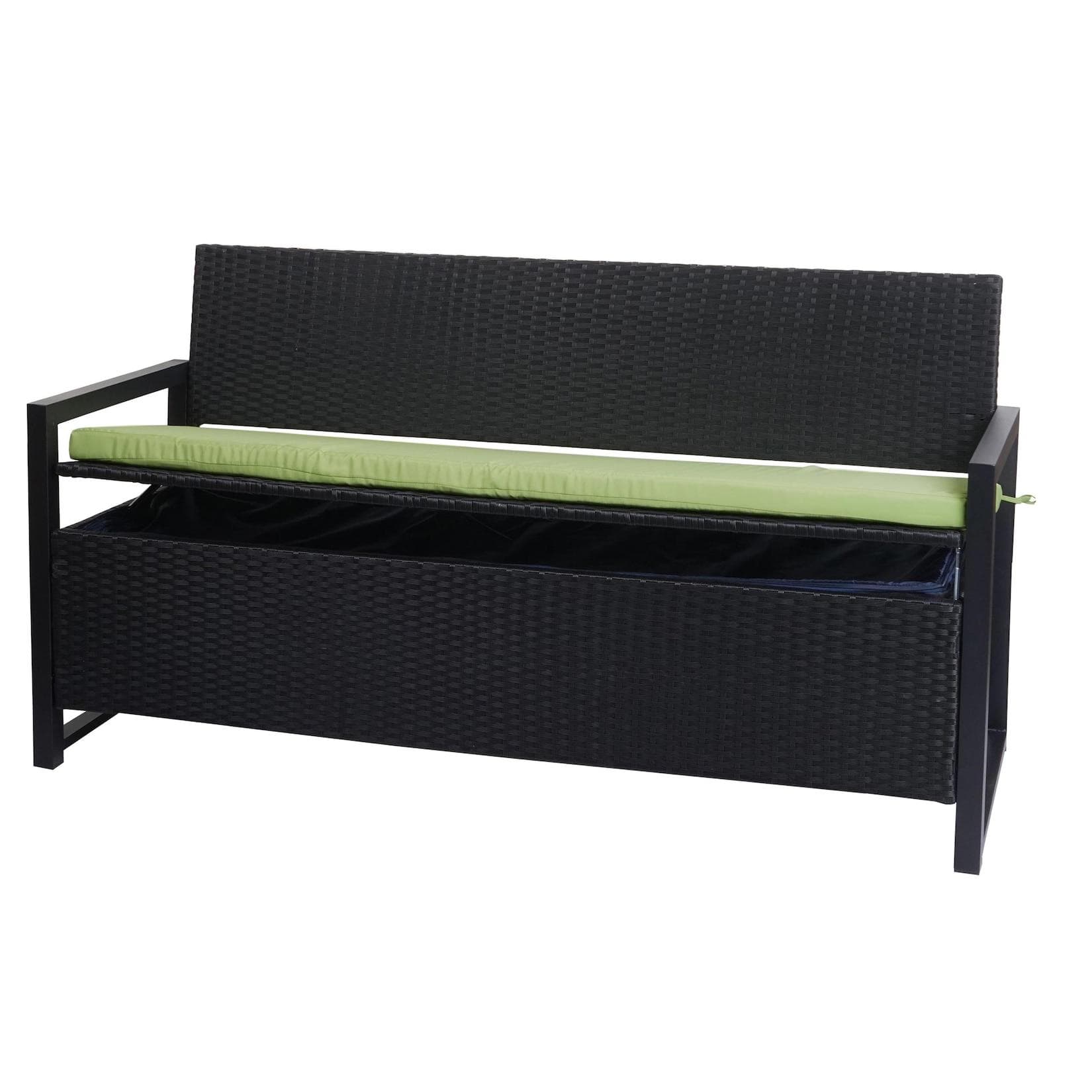 MCW Poly-Rattan 3er Sitzbank Gartenbank Anthrazit mit Staufach und grünem Kissen