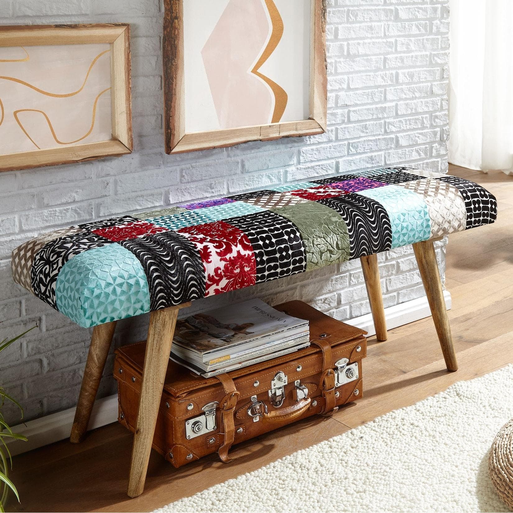 FineBuy Samt-Sitzbank 117 cm Patchwork Modern