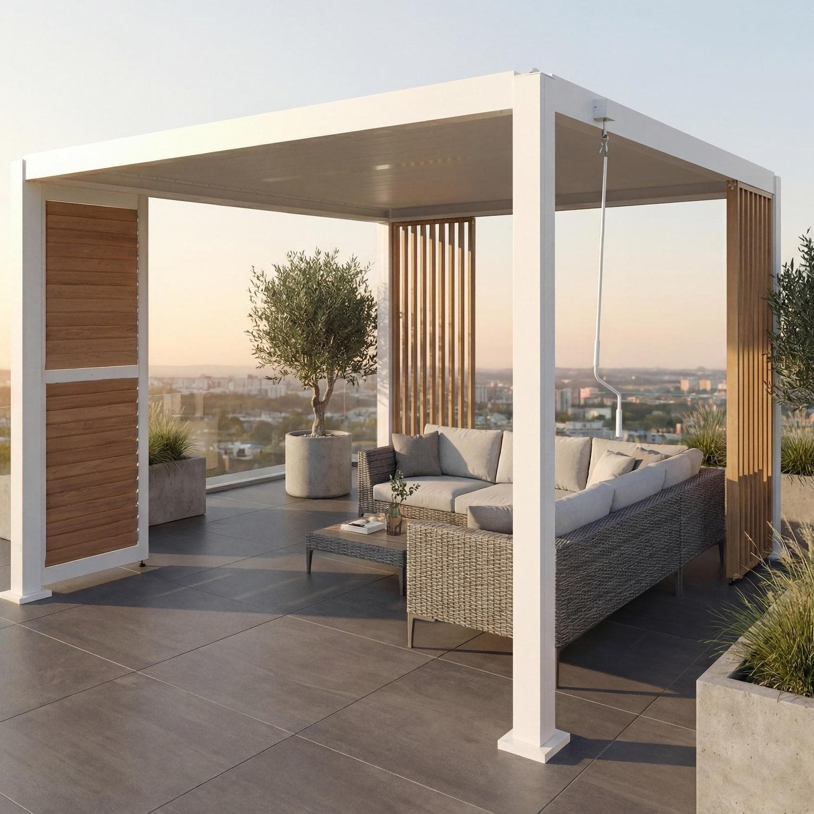 MCW Pergola 3x3m mit Lamellenwand weiß Holzoptik