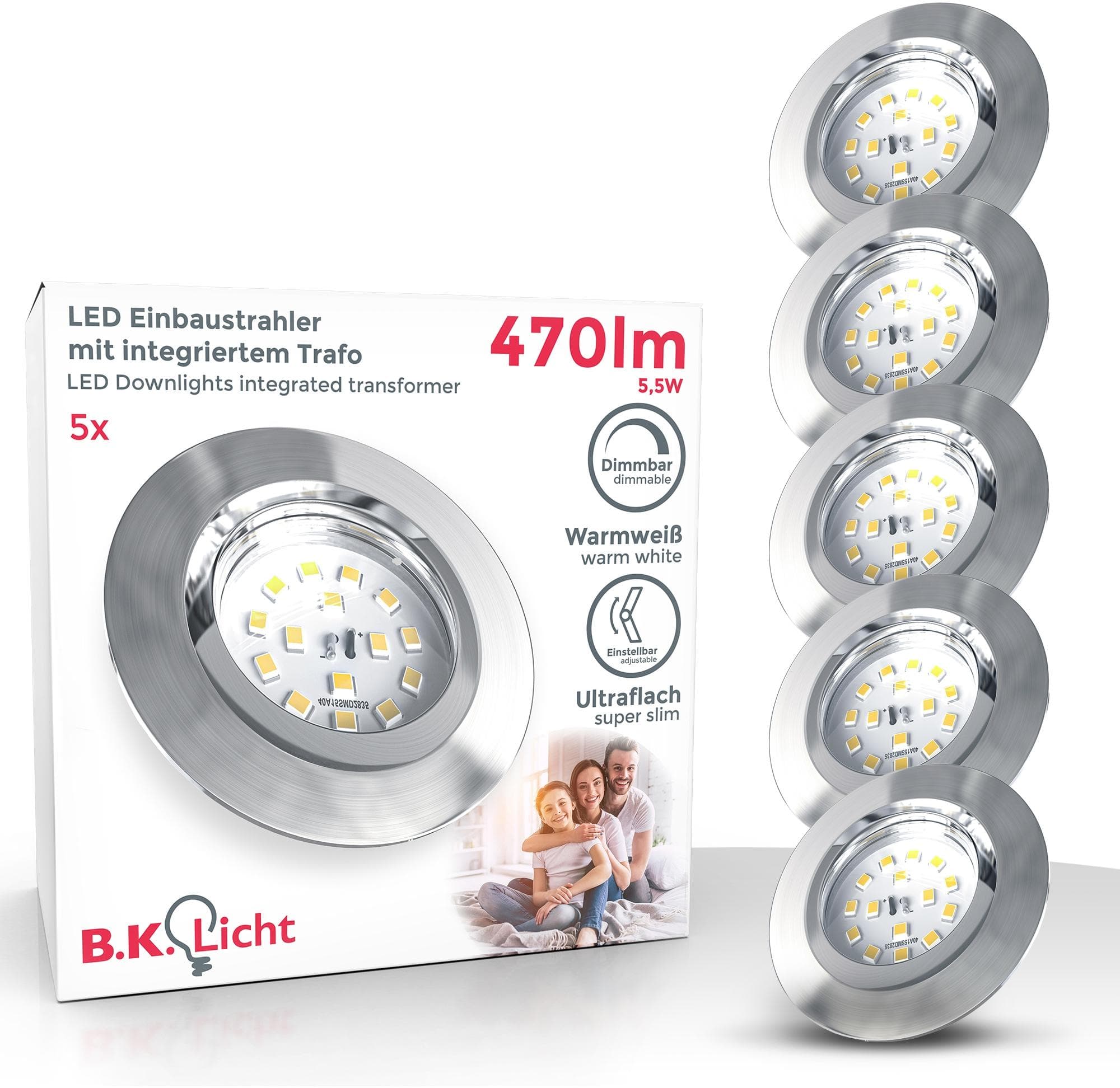 B.K.Licht LED Einbaustrahler Set - Dimmbar, Ultra-Flach, Warmweiß, Matt-Nickel