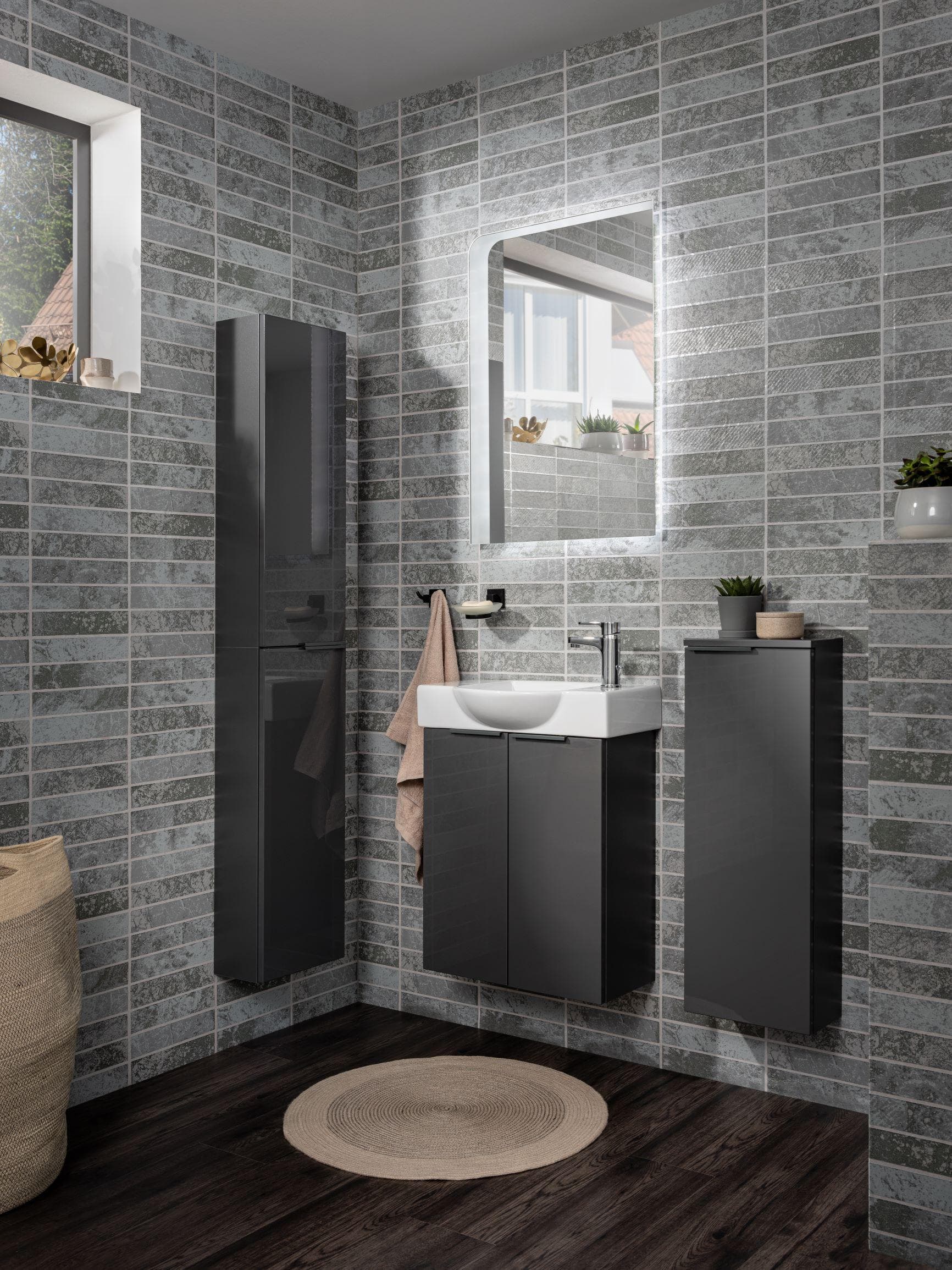 FACKELMANN SBC Waschbeckenunterschrank Anthrazit Hochglanz mit Soft-Close