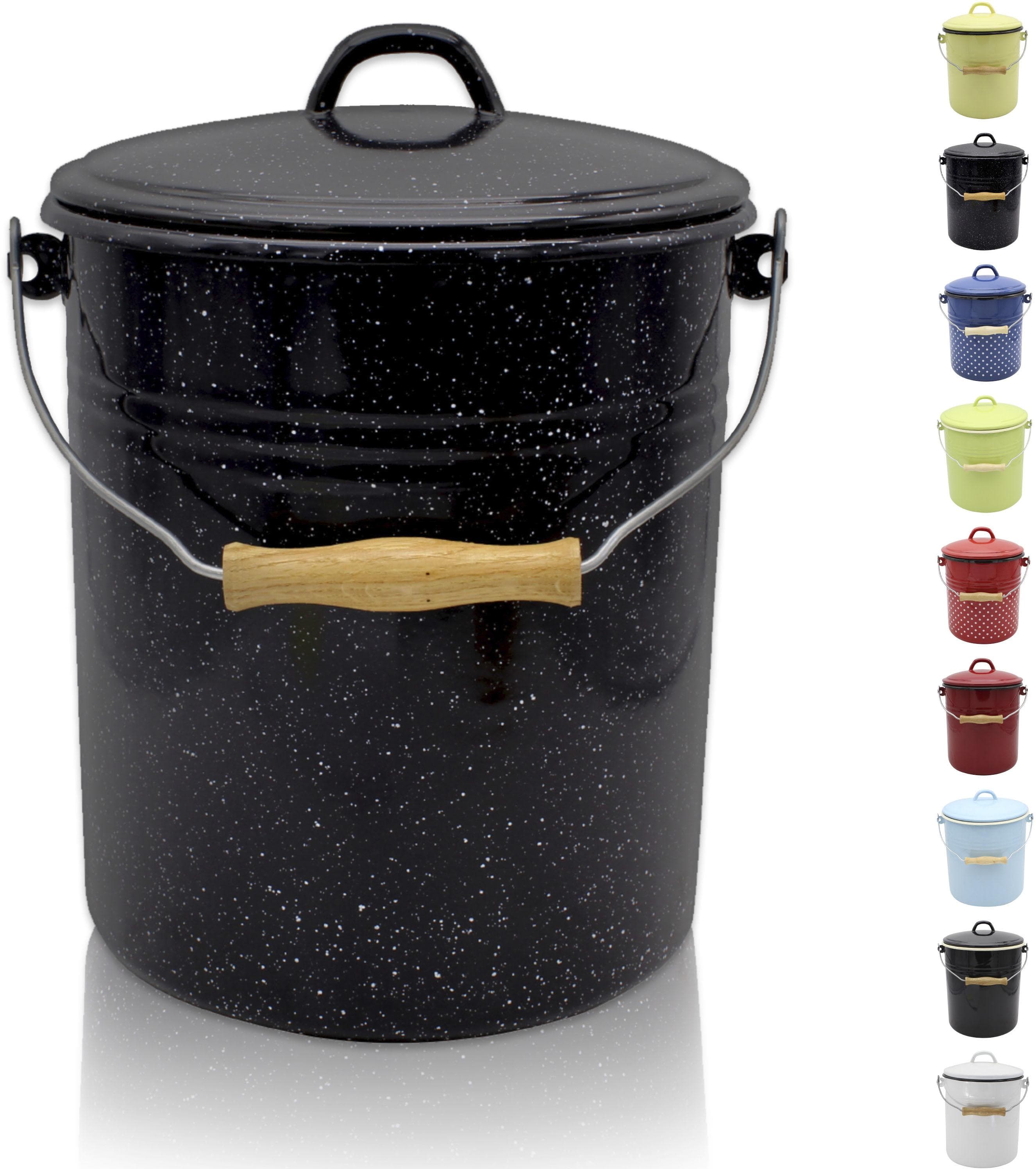 Emaille-Mülleimer mit Deckel schwarz-weiß-gesprenkelt 10 Liter