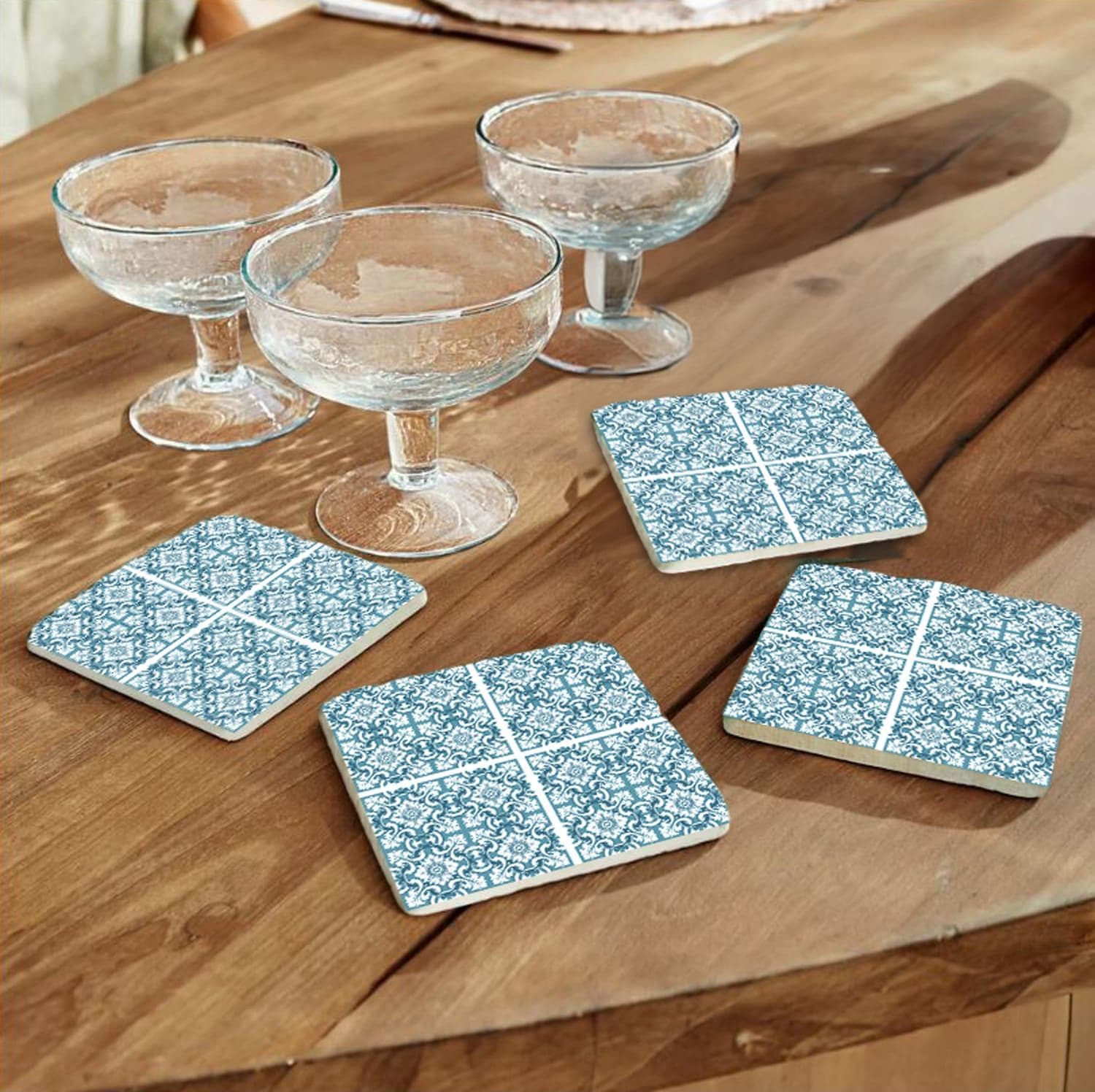 Getränkeuntersetzer QUEENCE Blau Weiß Mosaik Fliesen Steine