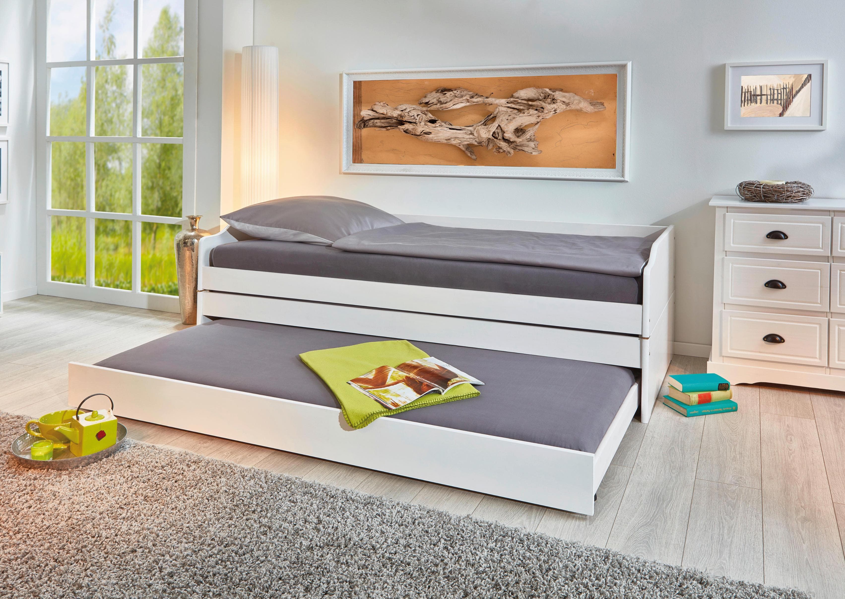 Inter Link Funktionsbett „Aus eins mach drei“ 3 Liegeflächen Weiß Massivholz