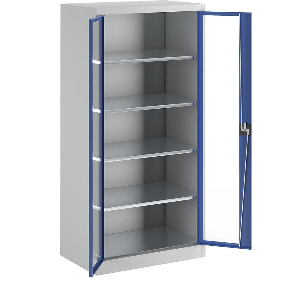 mauser Sichtfenster-Flügeltürschrank lichtgrau/enzianblau mit 4 Böden