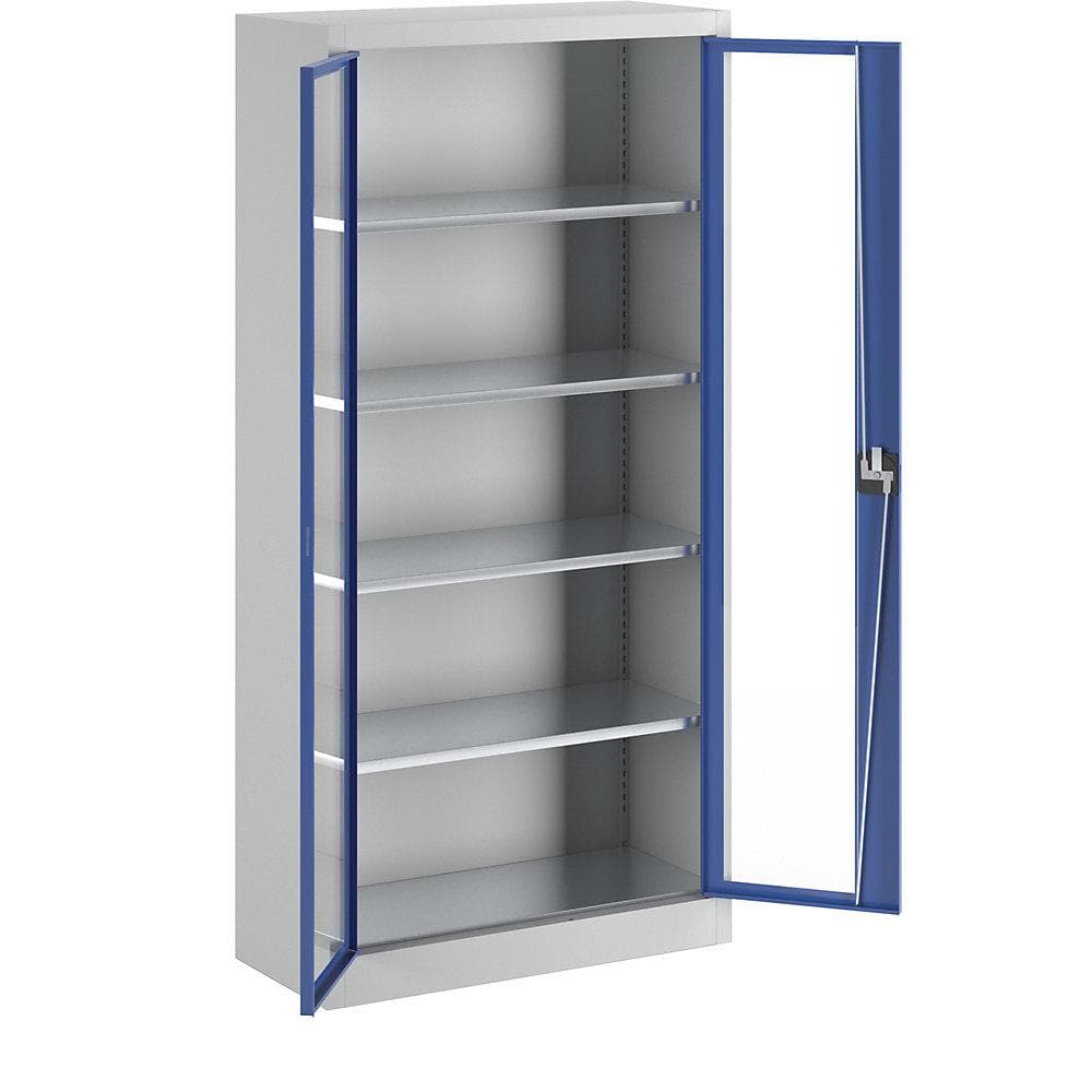 mauser Sichtfenster-Flügeltürschrank Stahl lichtgrau/enzianblau