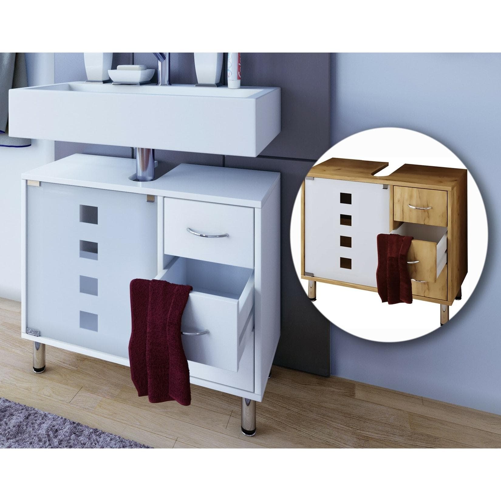 VCM Badschrank mit 3 Schubladen und Glastür Holzoptik Modern