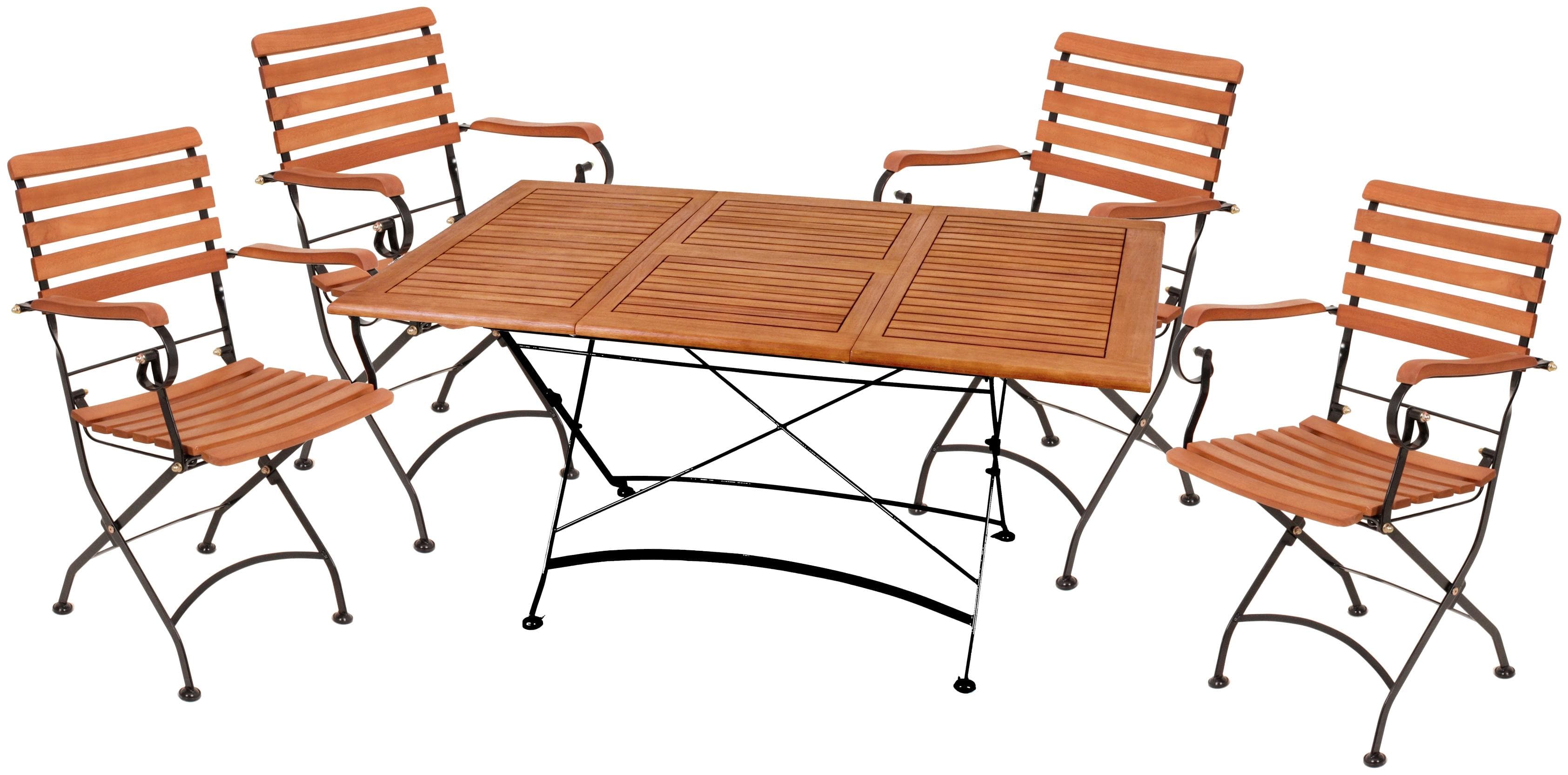 Ausziehbare 5-teilige Garten-Essgruppe mit Klappstühlen aus Holz