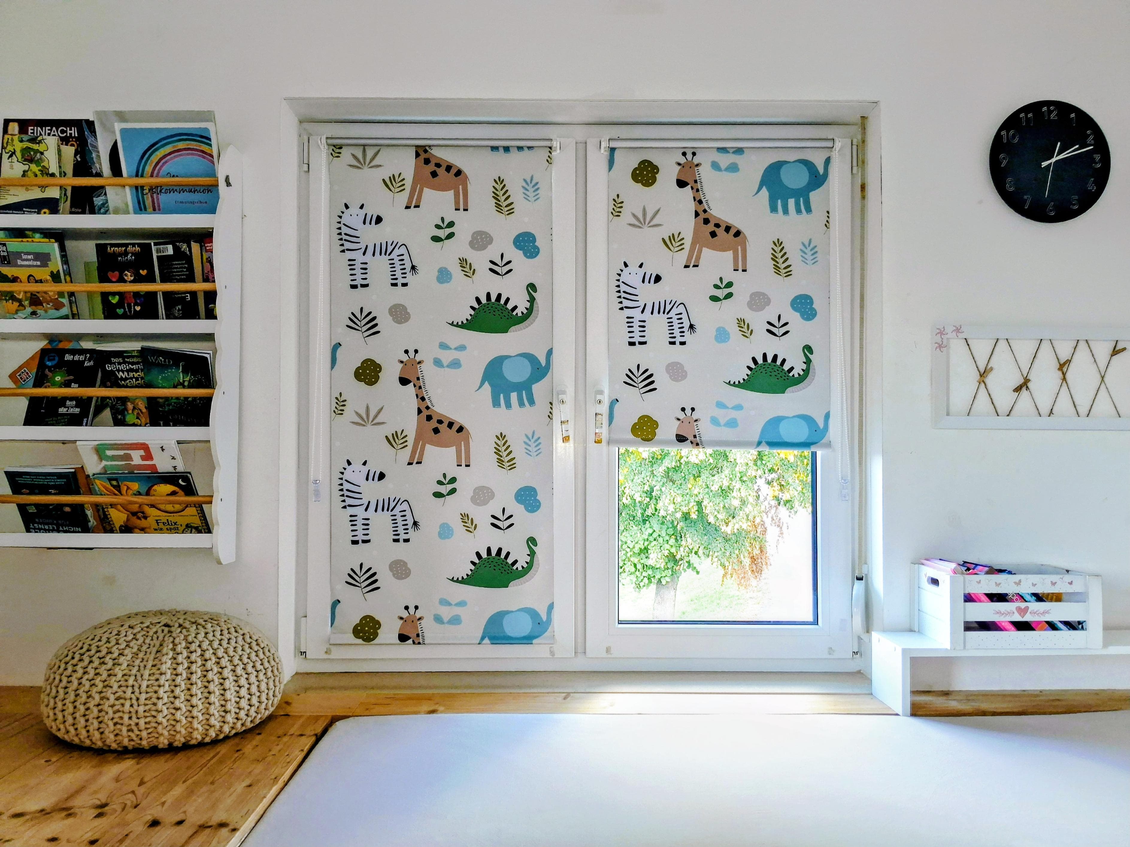 K-HOME Seitenzugrollo Thermo Klemmfix mit Zoo-Motiv Weiß