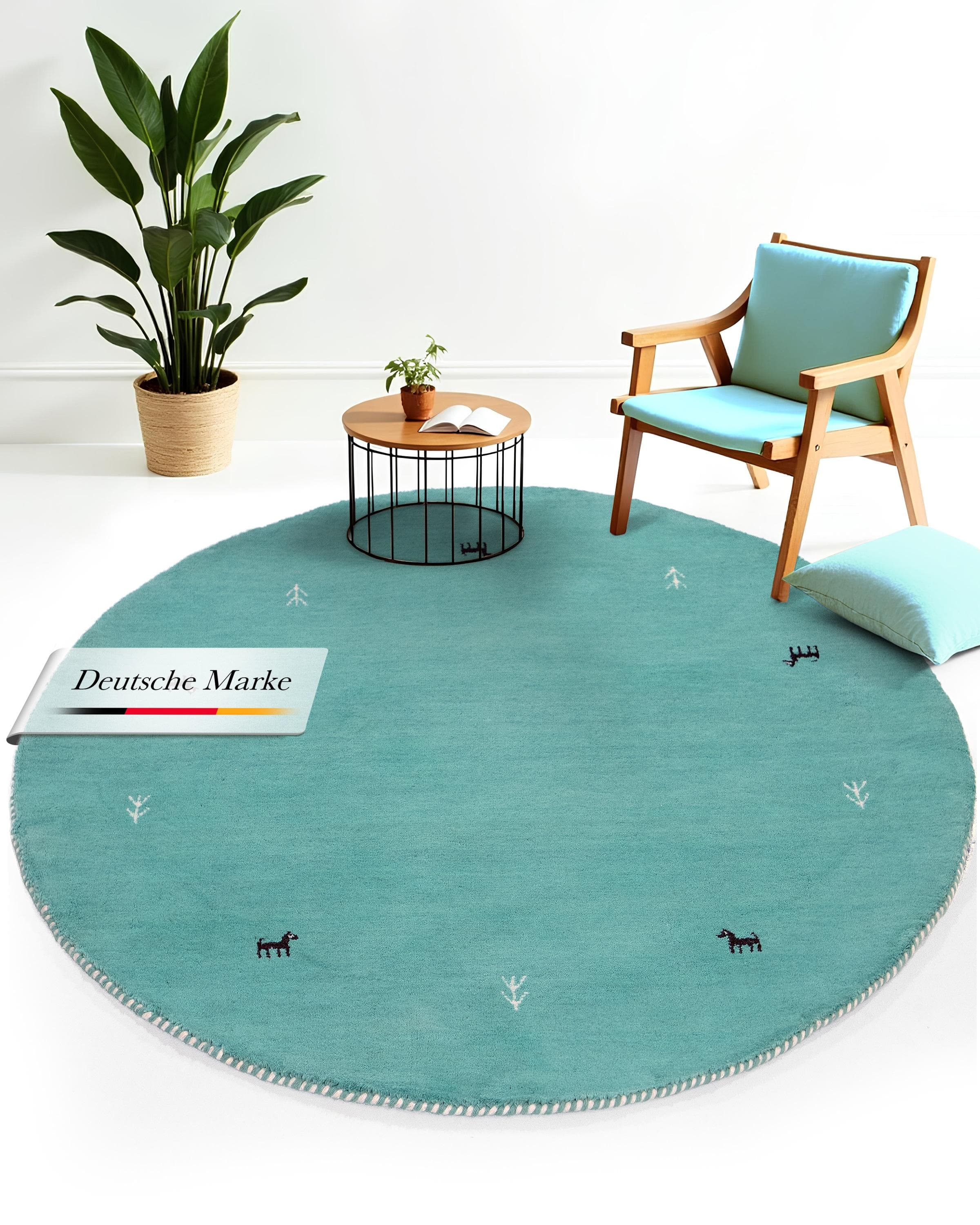 CARPETFINE Gabbeh Uni Wollteppich Türkis Handgewebt