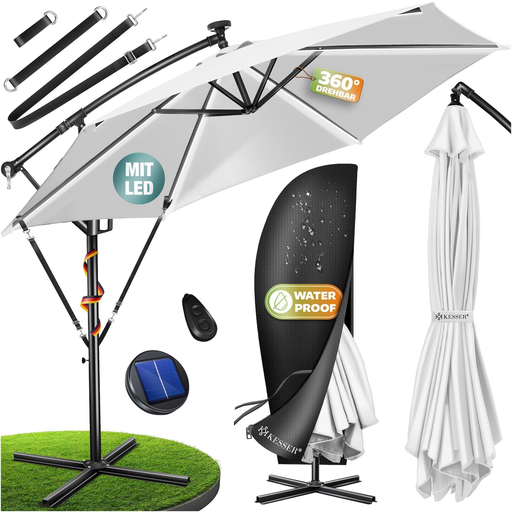KESSER® Alu Ampelschirm LED Solar + Abdeckung - Sonnenschirm