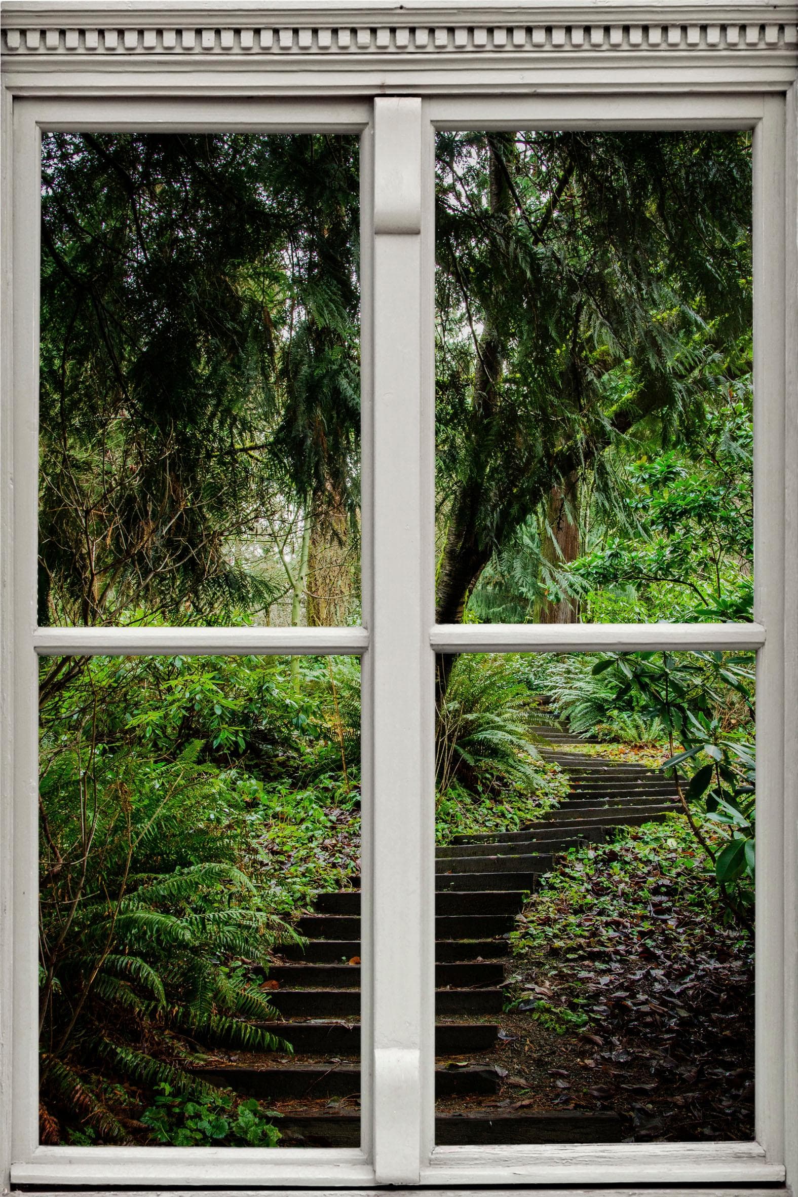 QUEENCE Wandsticker Treppe im Wald Grün 3D Fensterdurchbruch