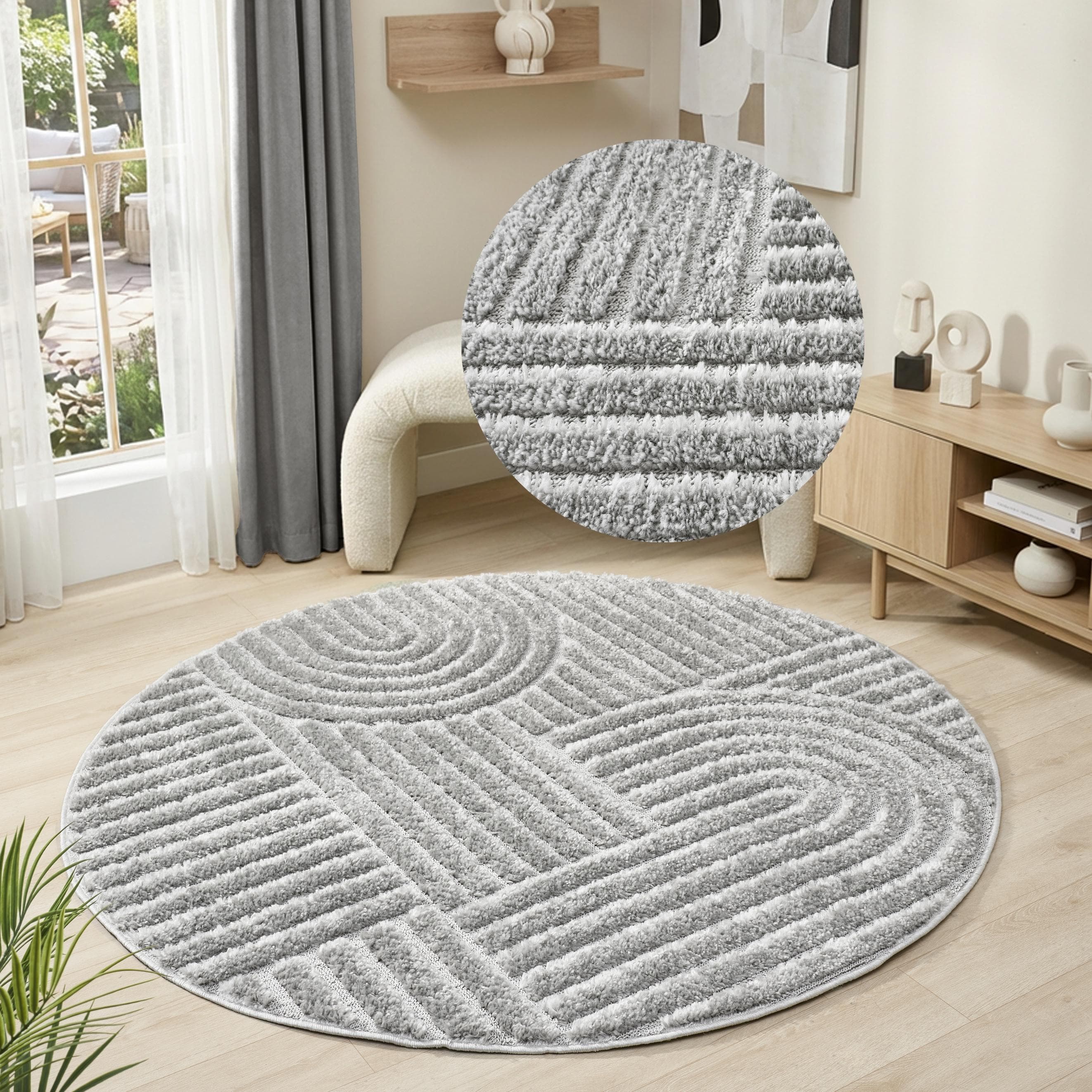 Runder Teppich Jonne grau 100% Polypropylen Boho Scandi 3D Optik