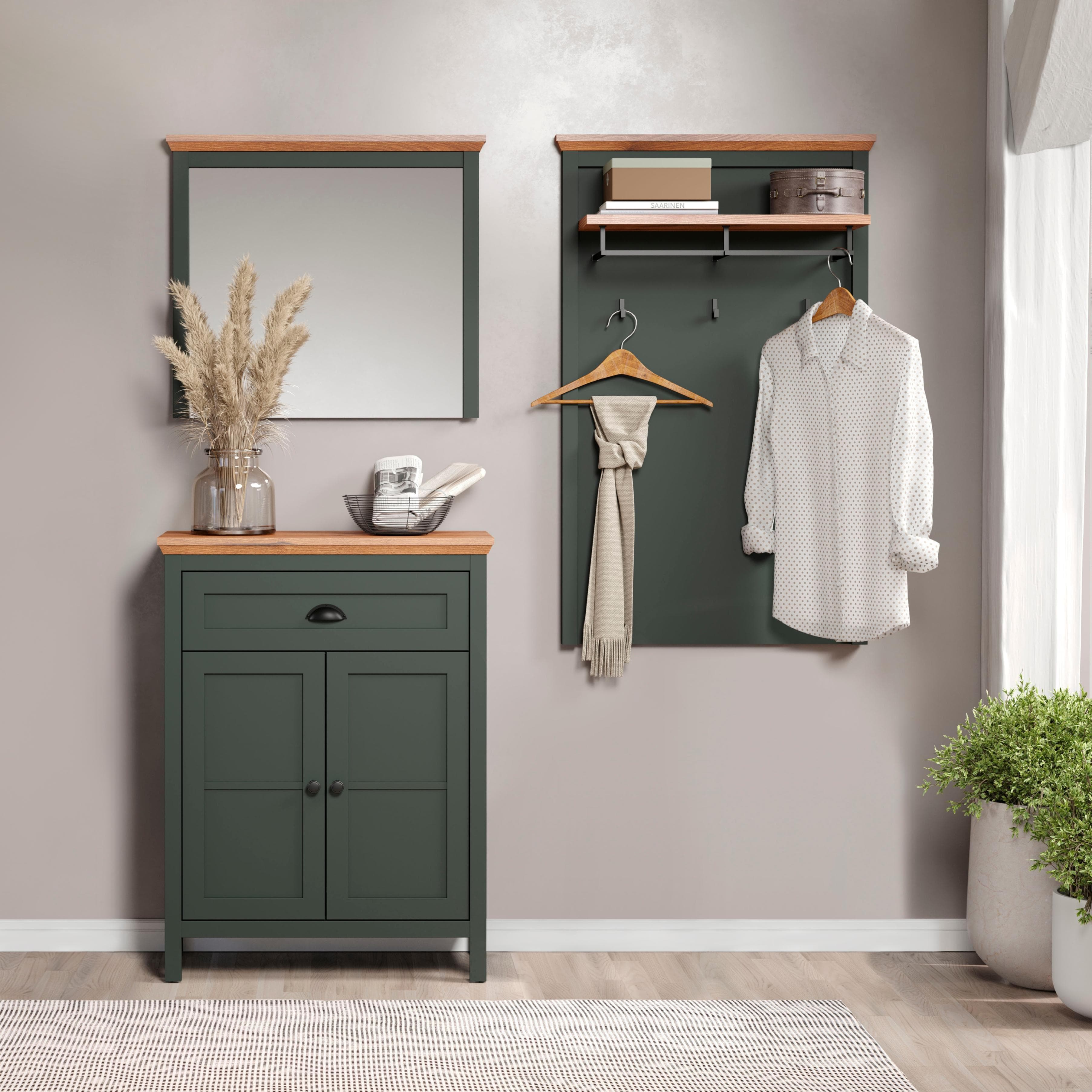 Garderobe-Set mit Spiegel, Haken & Kommode
