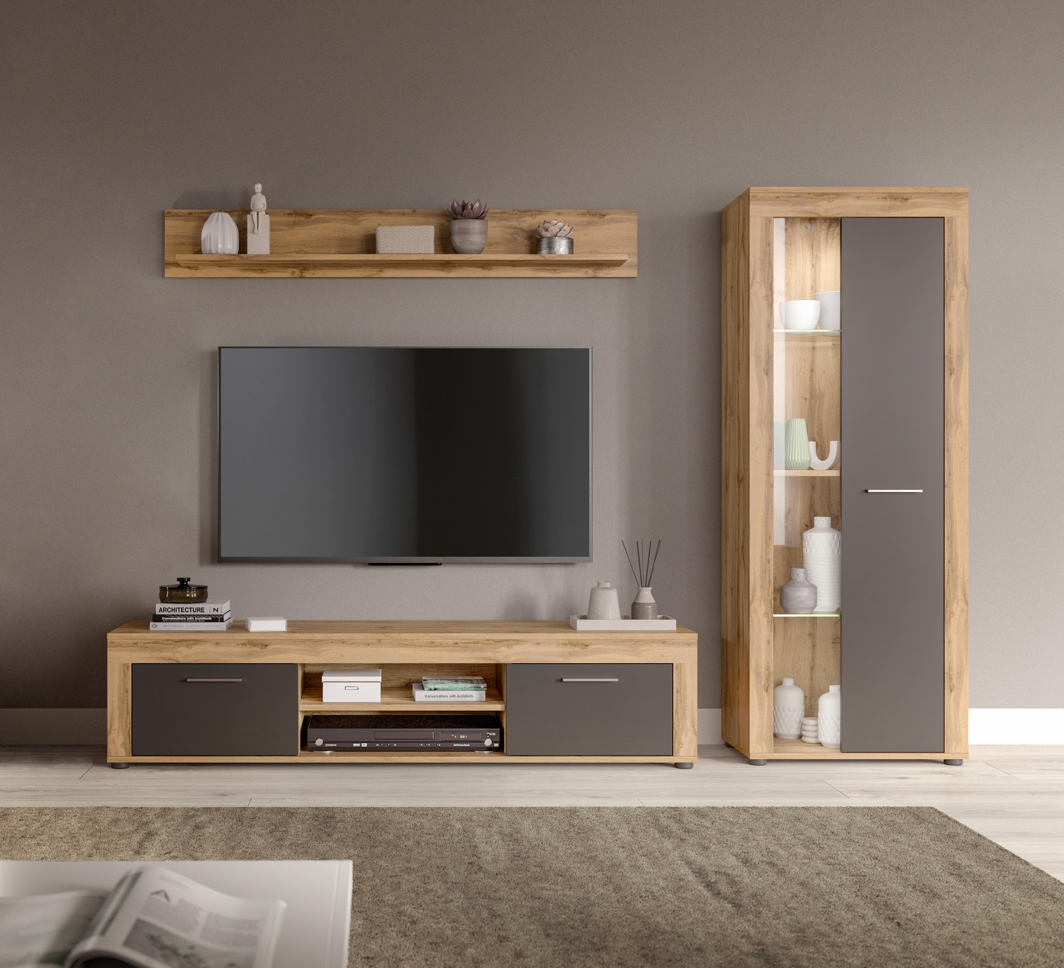 Modernes Wohnzimmer-Set mit Lowboard, Wandboard und Vitrine