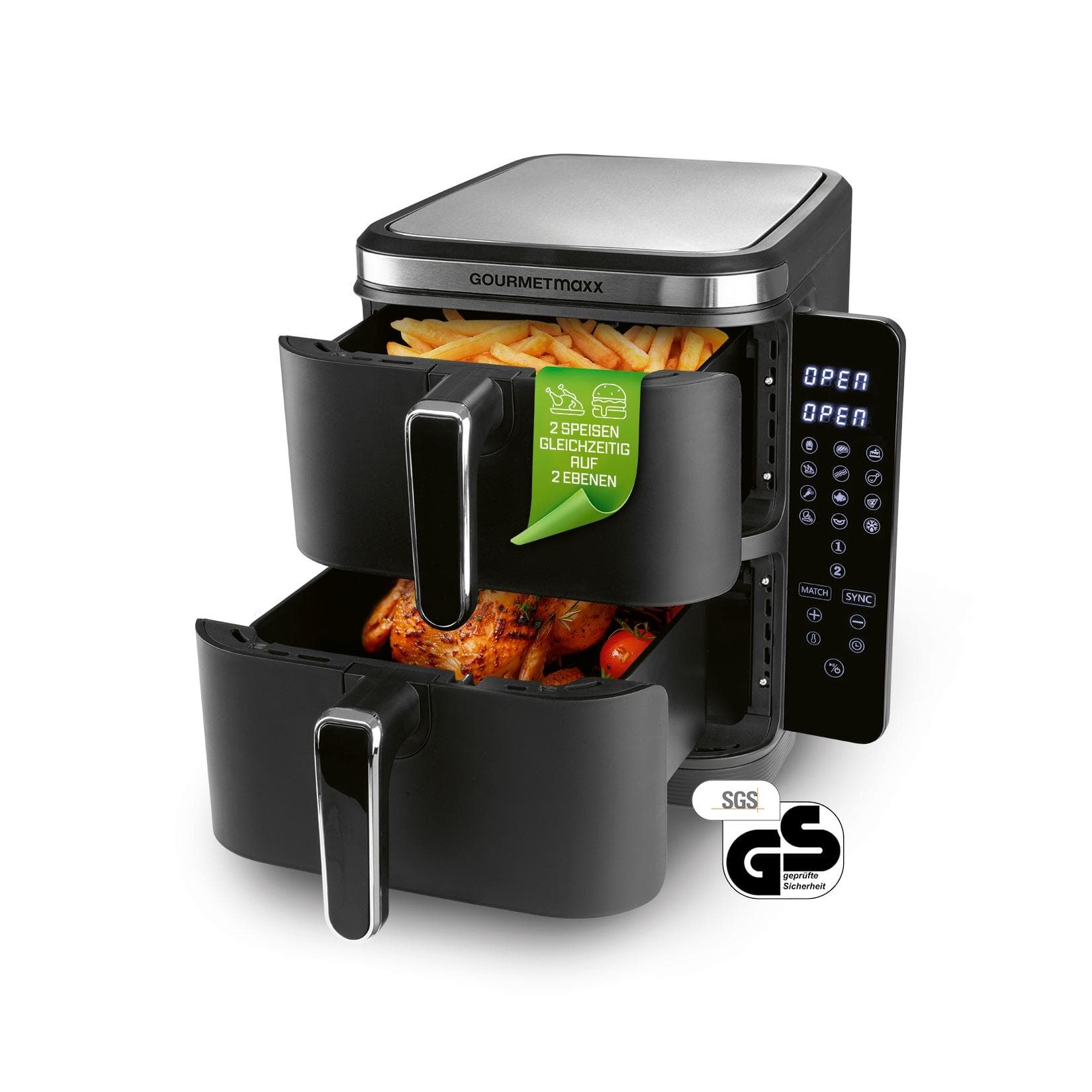 GOURMETmaxx Heißluft-Fritteuse Doppelkorb 2x 5,5l 2600W Schwarz