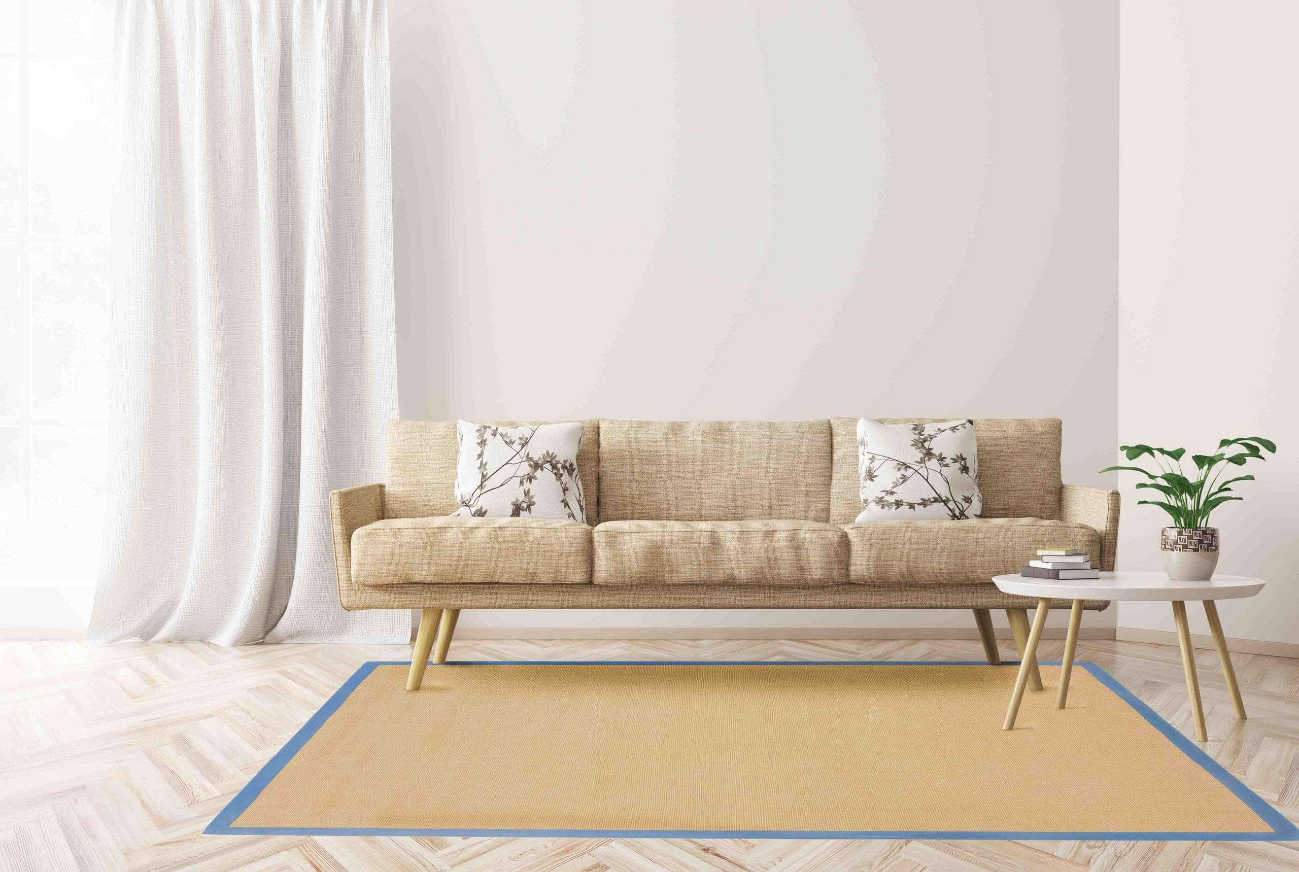 CarpetFine Sisalteppich Blau mit Bordüre Handgewebt
