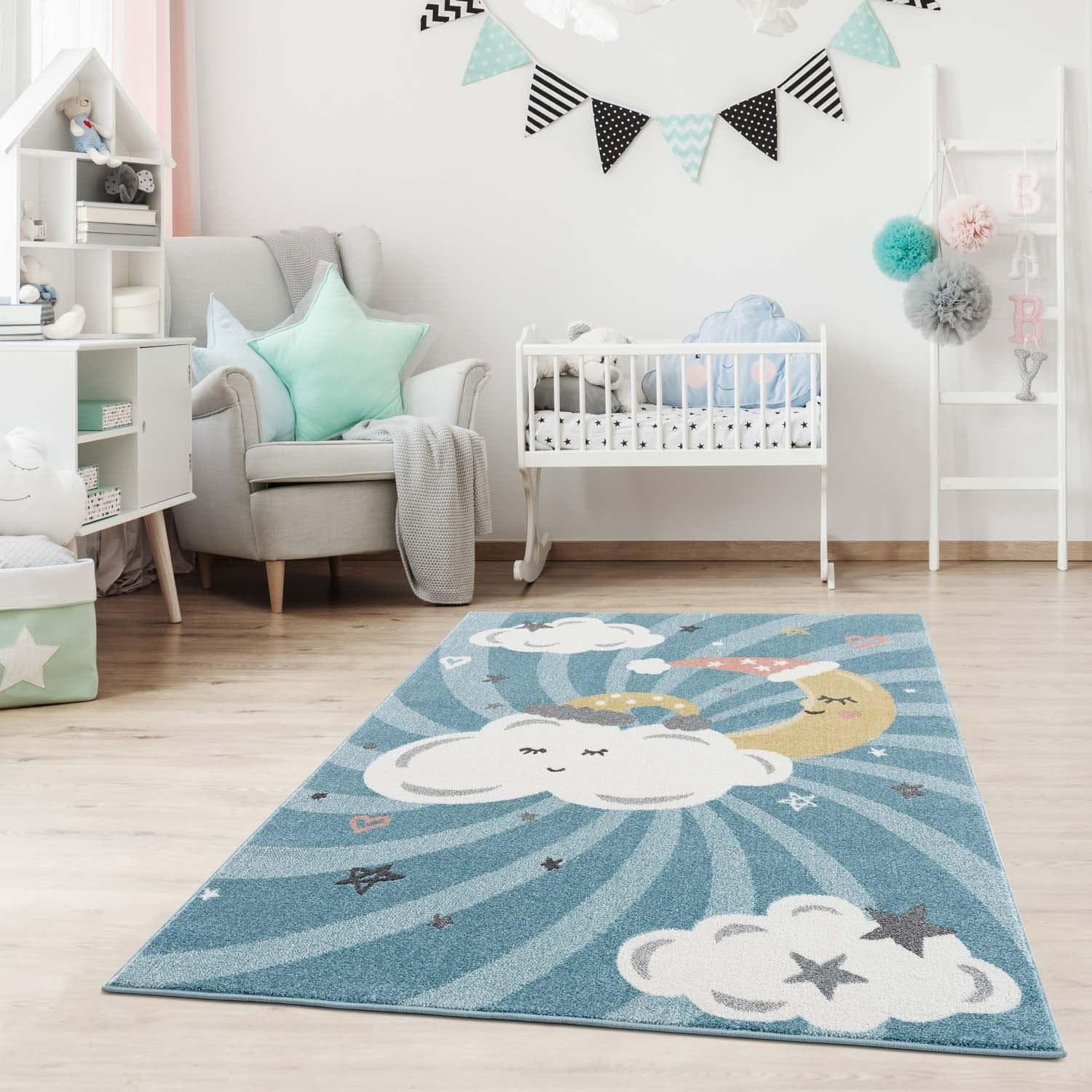 CARPET CITY Kinderteppich Anime9380 Blau mit Mond Wolken Sternen