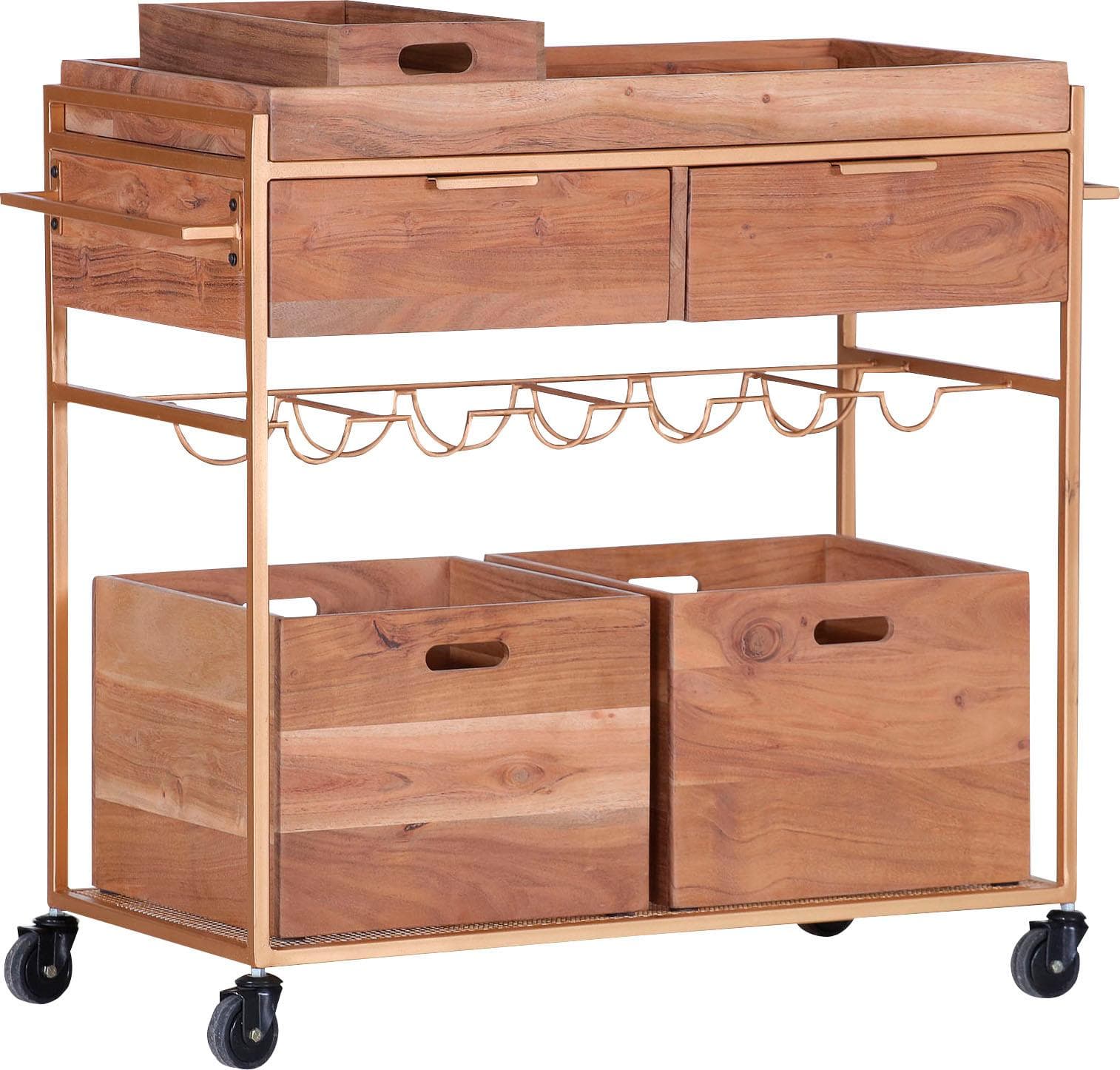Gutmann Factory Servierwagen Bonnie: Massivholz Akazie, Goldgestell, Rollen