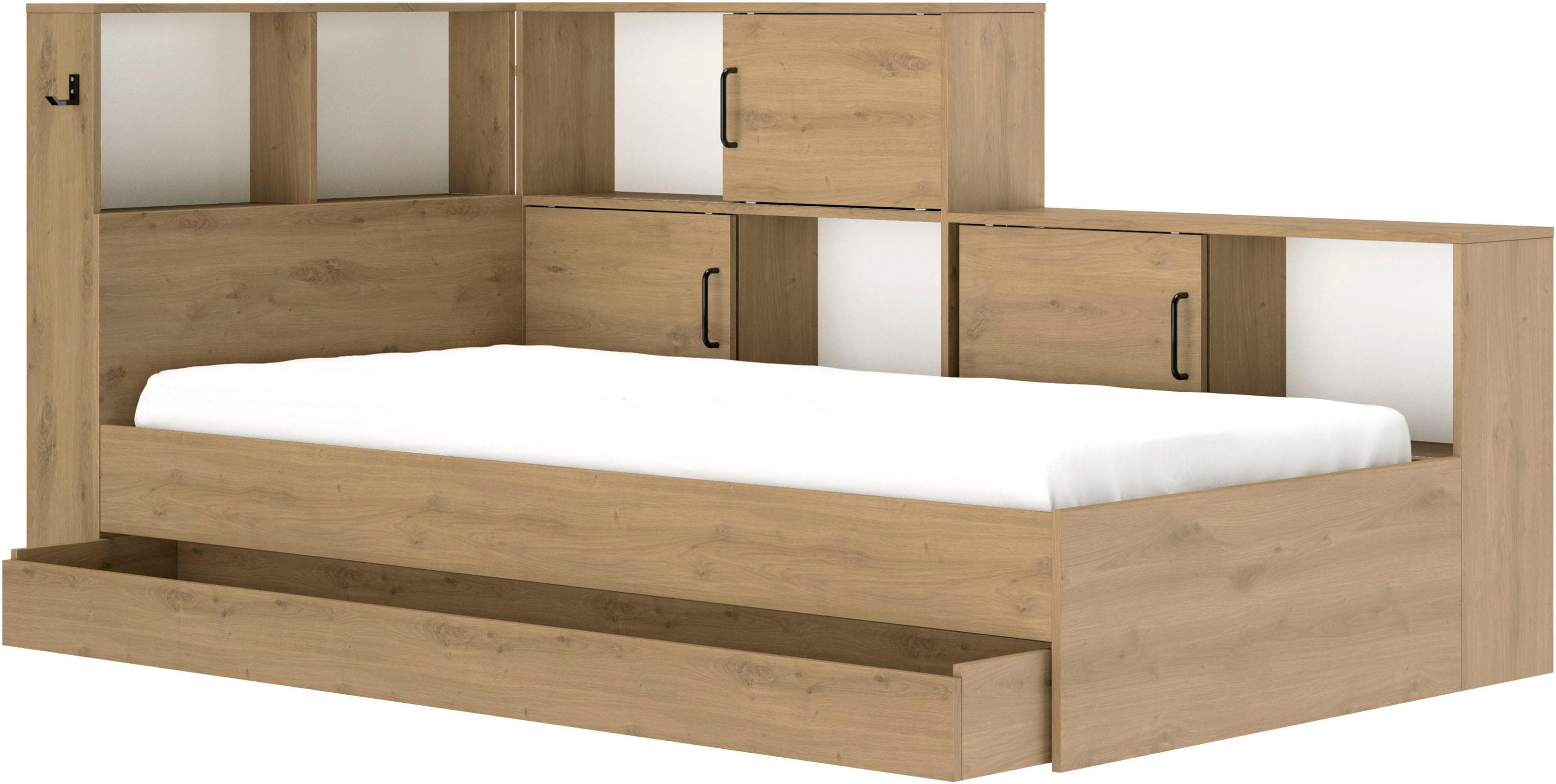 Stauraumbett mit großer Schublade, Regalen und Ablagefächern