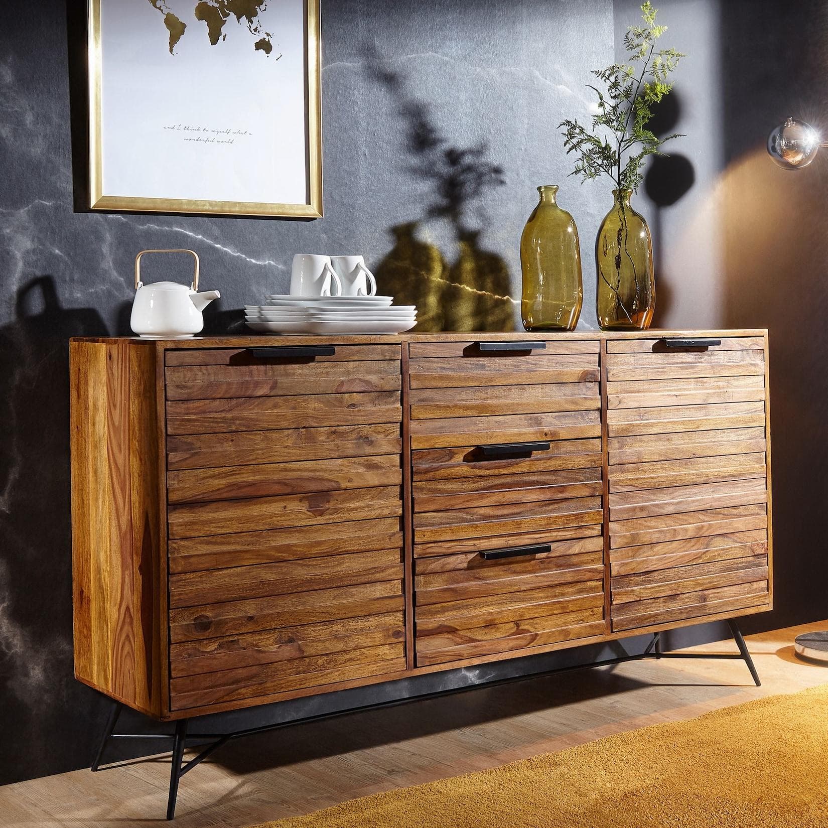 FineBuy Massivholz Sideboard 160cm Sheesham Industrial Metall Schwarz