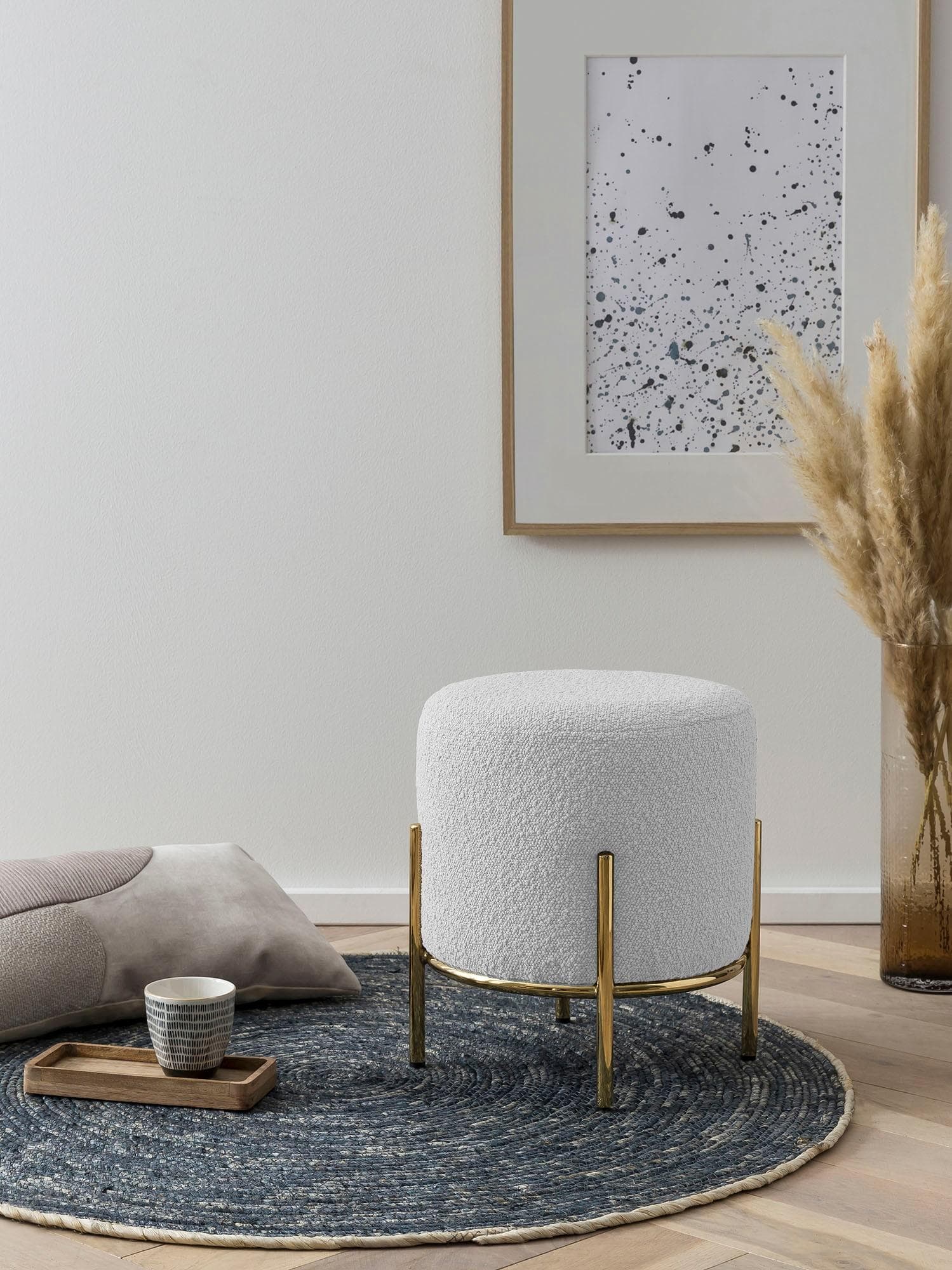 SALESFEVER Polsterhocker Weiß Gold Bouclé Design