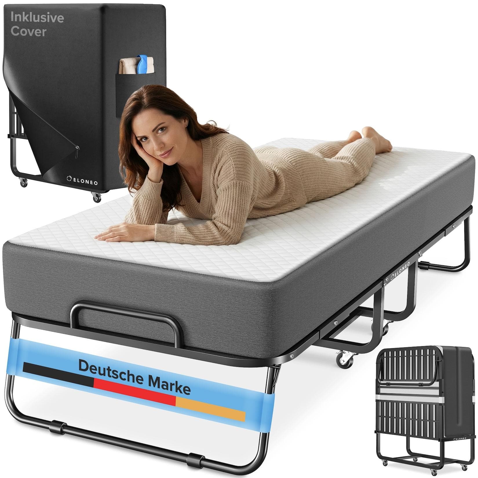 ELONEO Klappbett Gästebett Stabil Platzsparend Matratze Optional