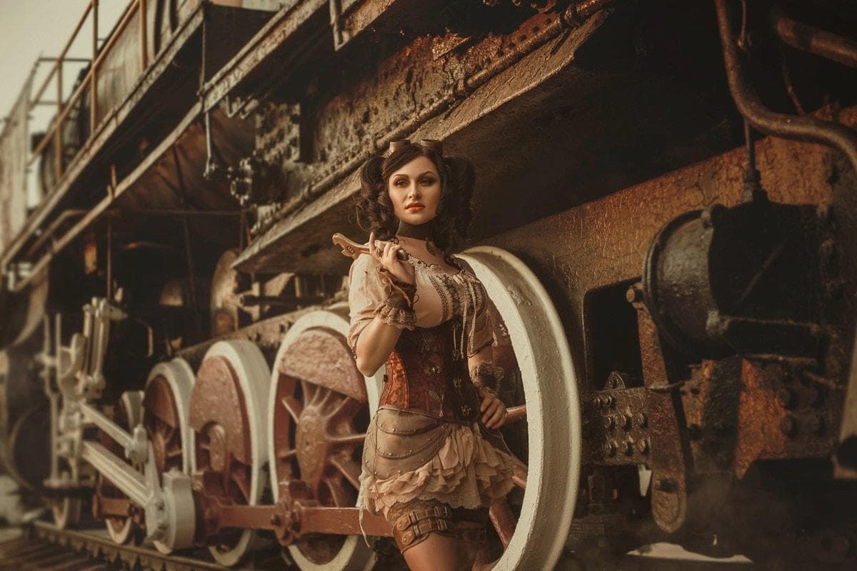 PAPERMOON Fototapete Steampunk Frau vor Zug Vlies Bunt