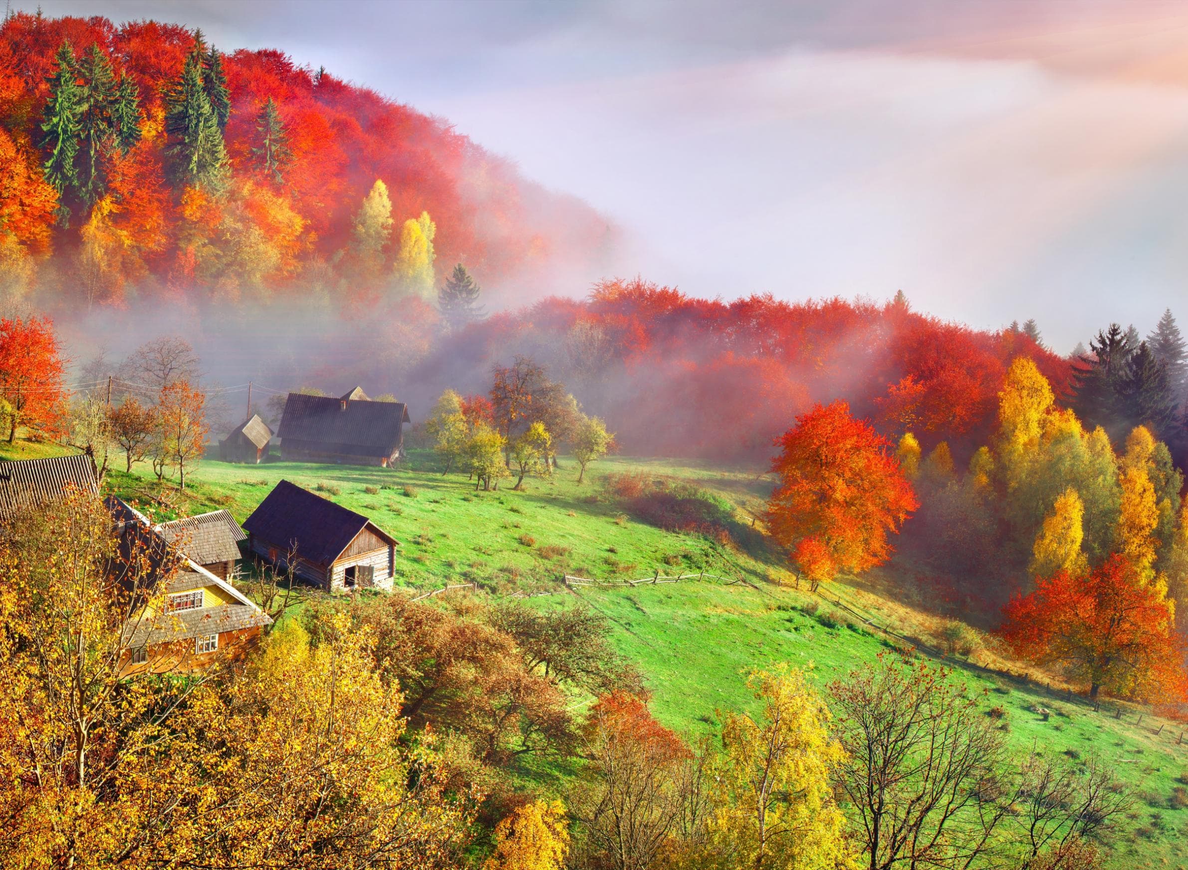 PAPERMOON Fototapete "Autum Mountain Village" Vlies Bunt