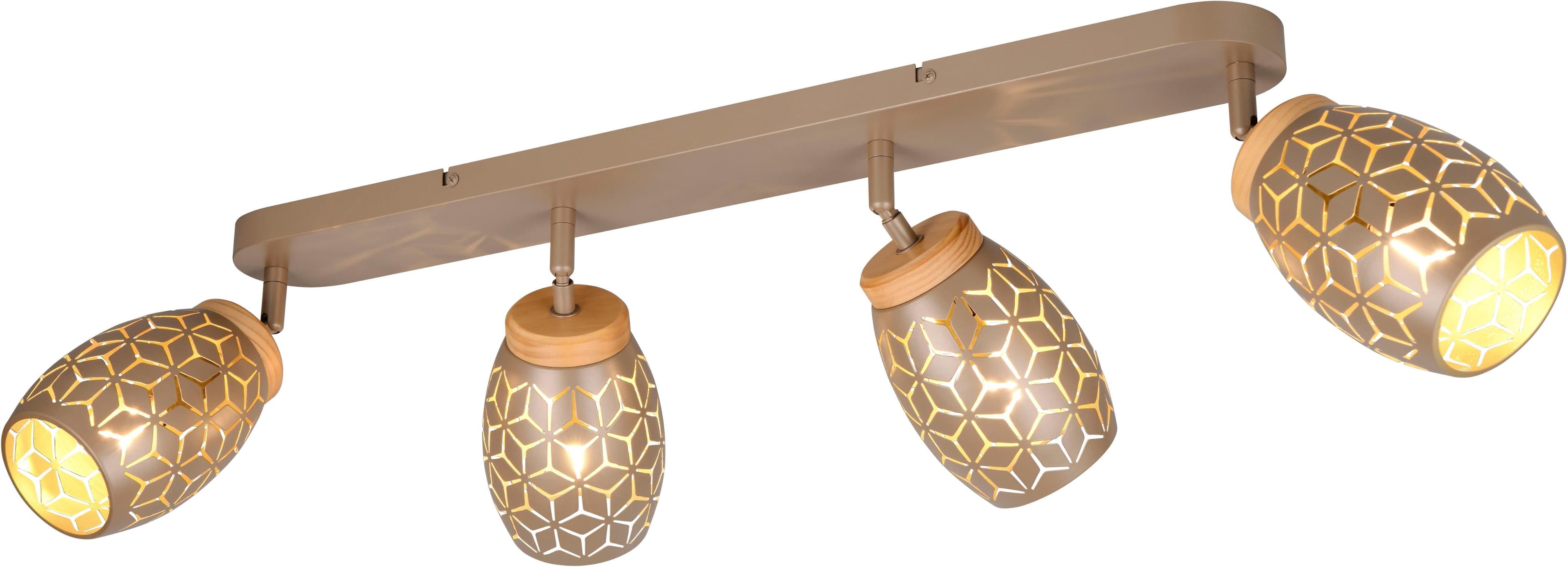 REALITY LEUCHTEN Deckenstrahler BIDAR 4-flammig Braun Metall-Lampenschirm mit Lasercut Muster und Holz-Dekoelementen