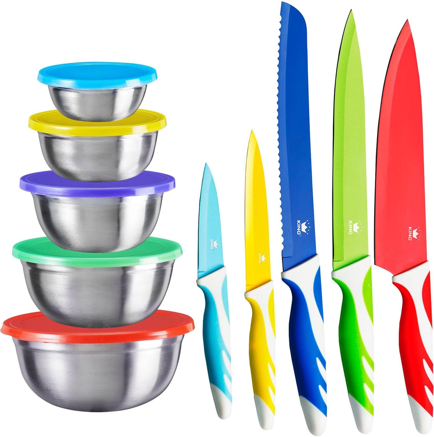 KING Messerset BUNT 15-tlg. mit 5 Messern & 5 Edelstahlschüsseln