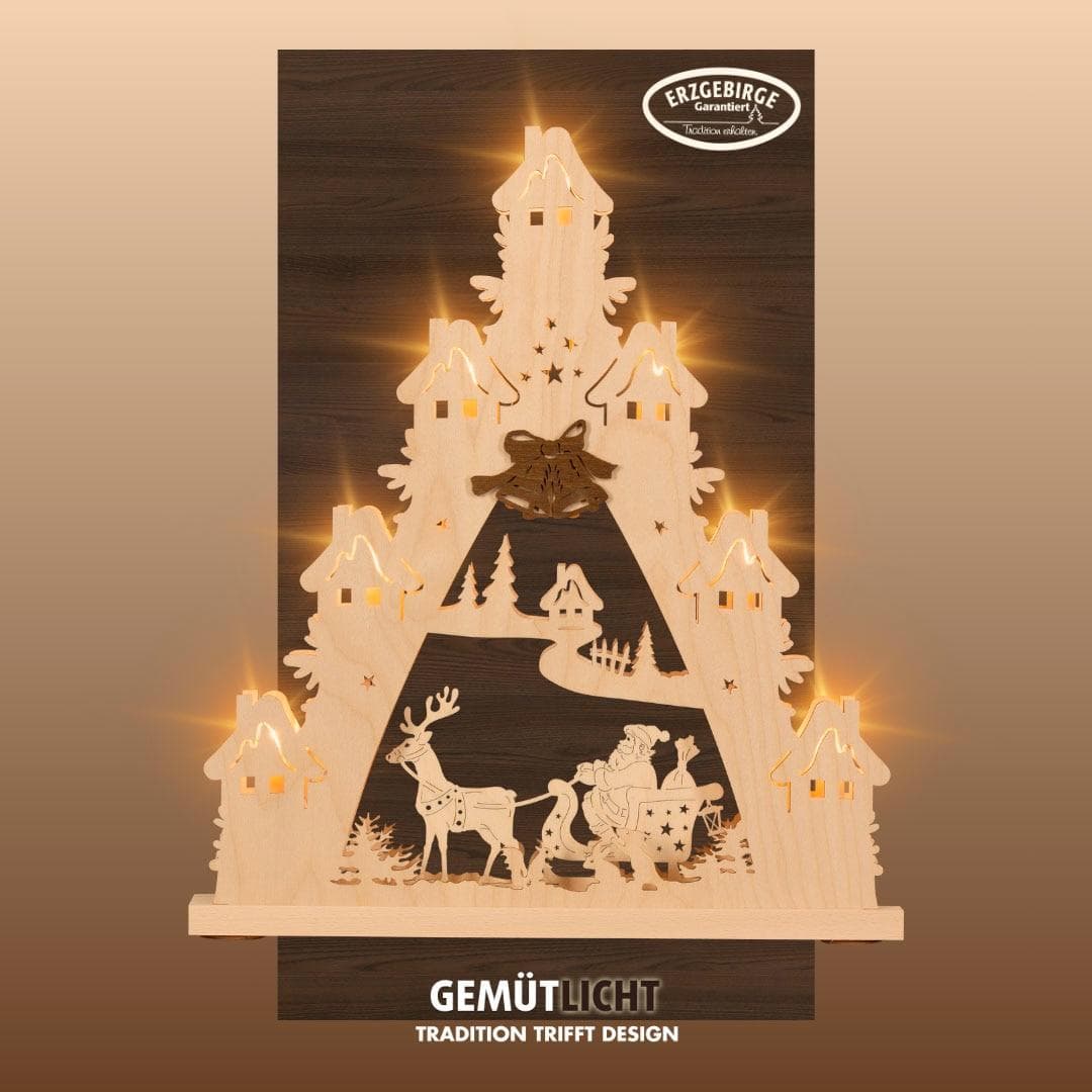 Weigla LED Schwibbogen Weihnachtsmann auf Schlitten, Lichterspitze aus Holz, Erzgebirge garantiert