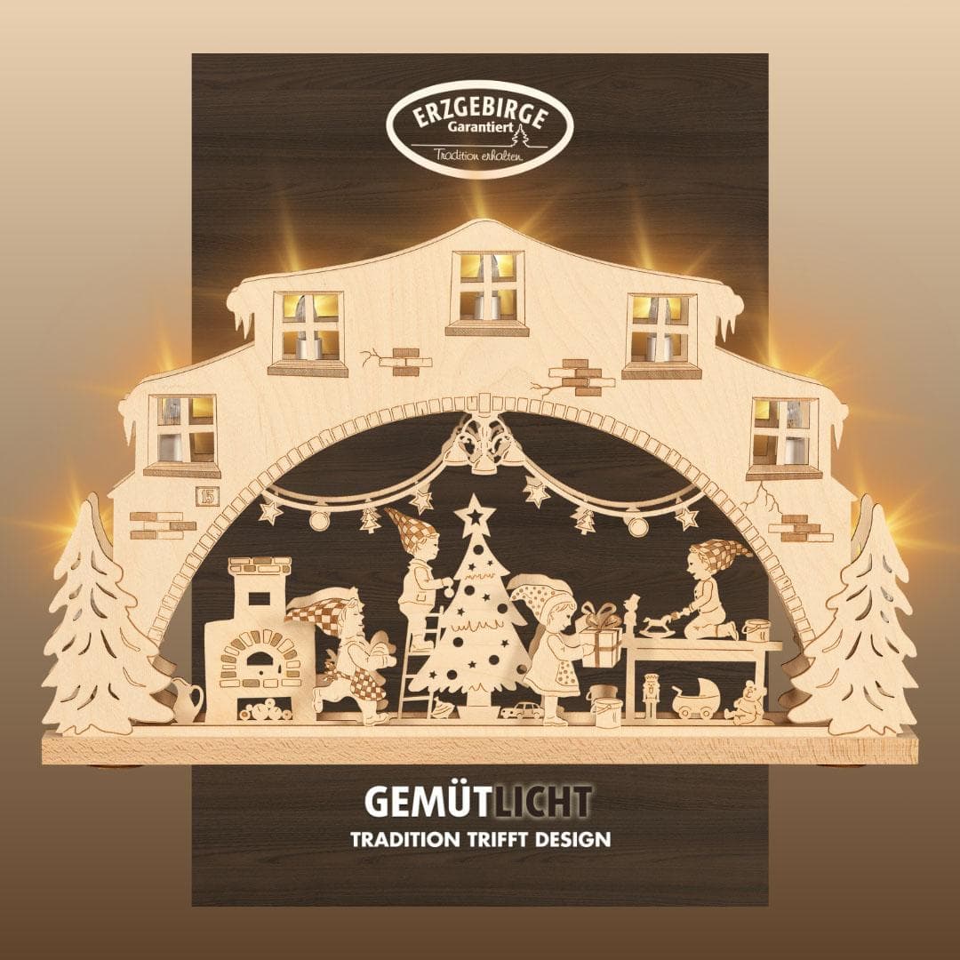 Weigla Schwibbogen Wichtelwerkstatt LED-Motivleuchte Holz Erzgebirge Weihnachtsdeko